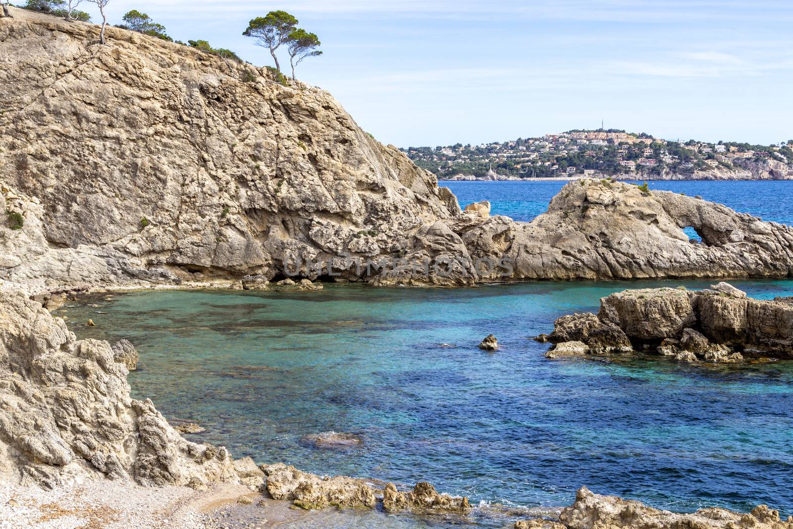 Rocky coast at Peguera in the west of Mallorca on a sunny day in spring