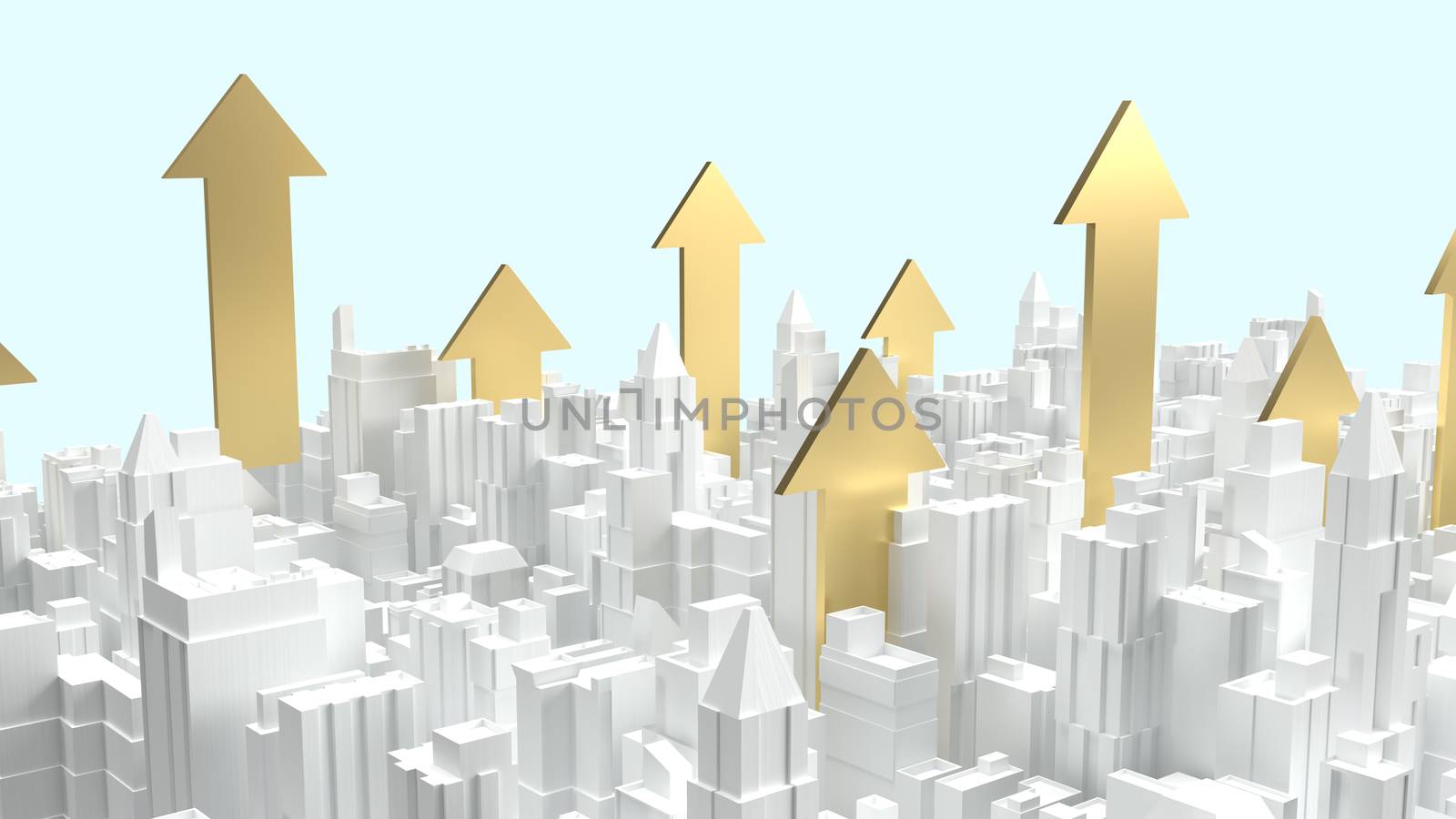 The white city building and gold arrow up for property business content 3d rendering.