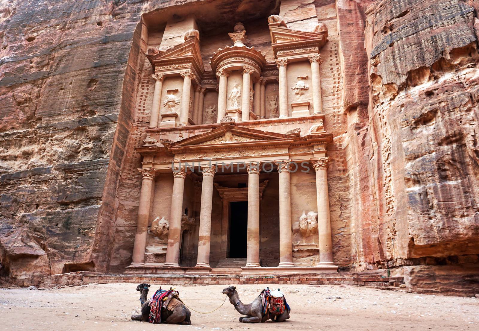 Two camels, saddles ready for tourists, sitting in front of Al-Khazneh Treasury temple - main attraction in Lost city of Petra.