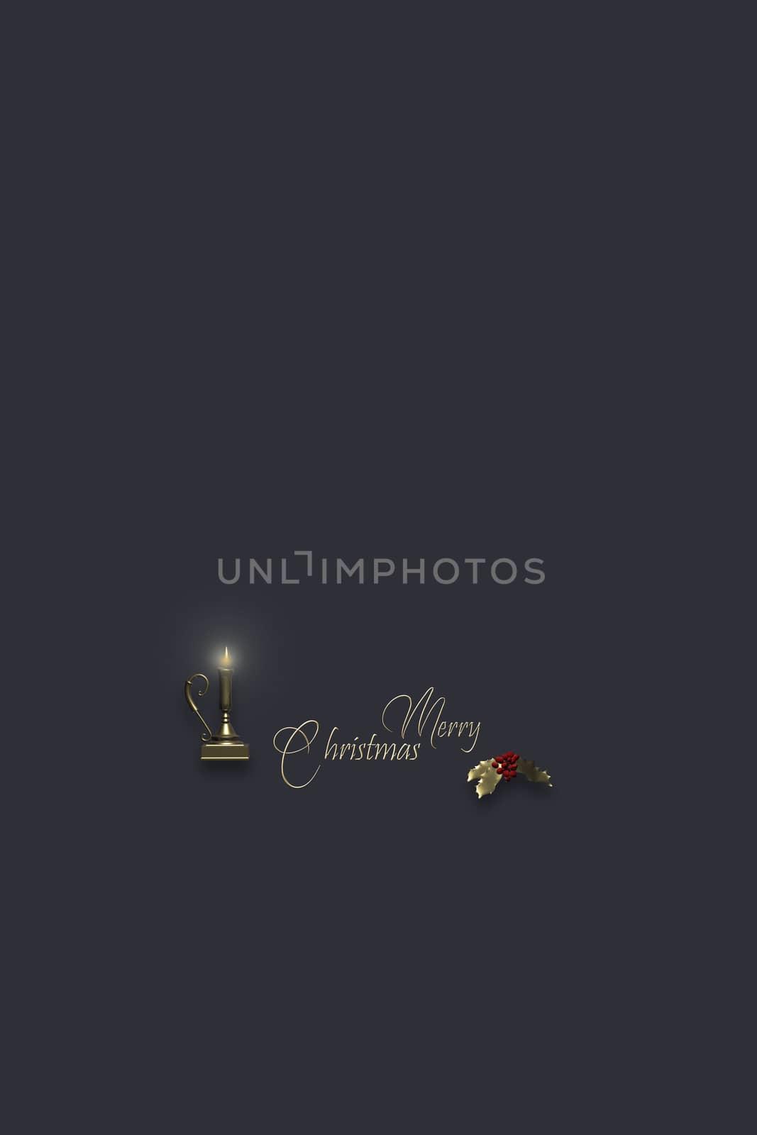 Minimalist Christmas design. Gold lit candle, shiny text Merry Christmas on dark background. 3D illustration