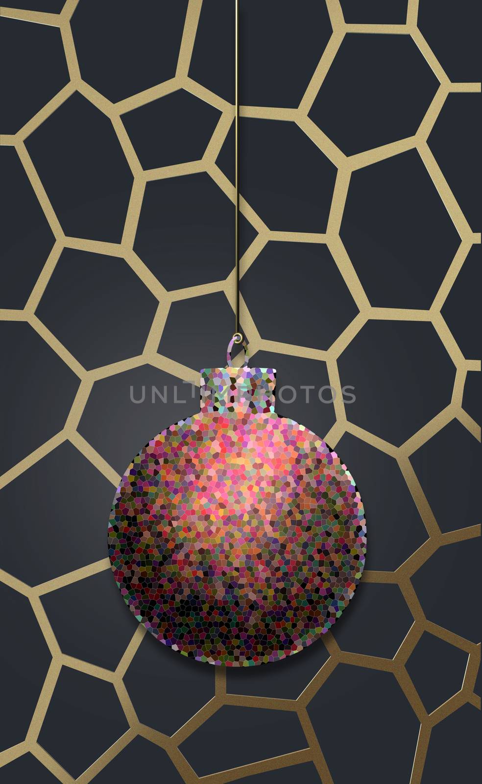 Abstract Christmas background. Christmas ball, mystic light, golden 3D frame on dark background. Minimalist Xmas design for festive card. 3D illustration