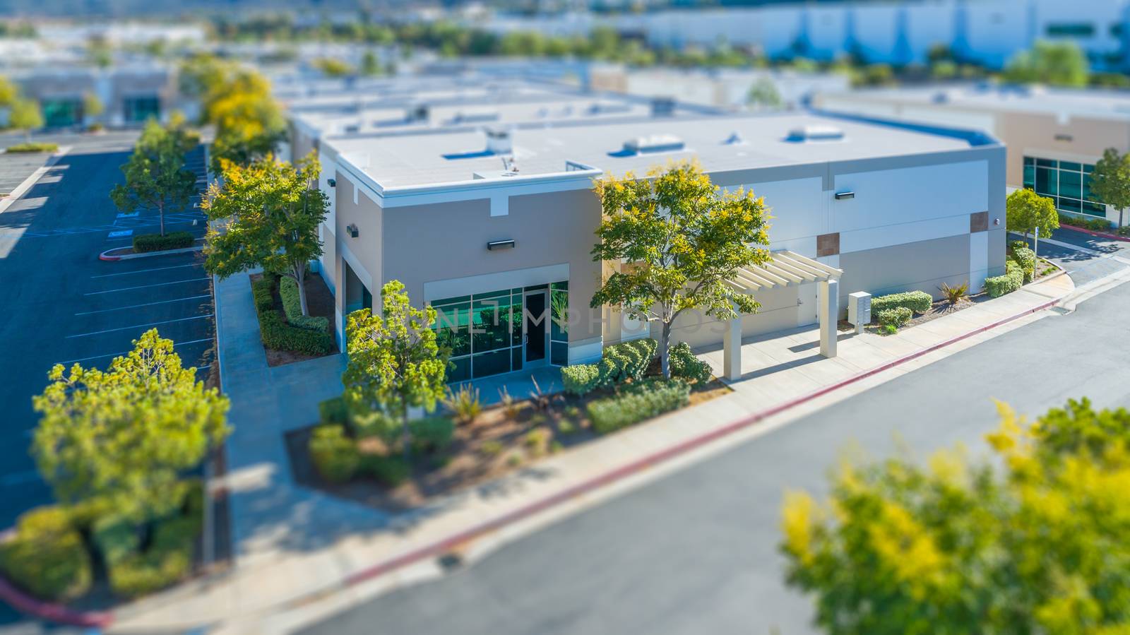 Aerial View of Commercial Buildings With Tilt-Shift Blur.