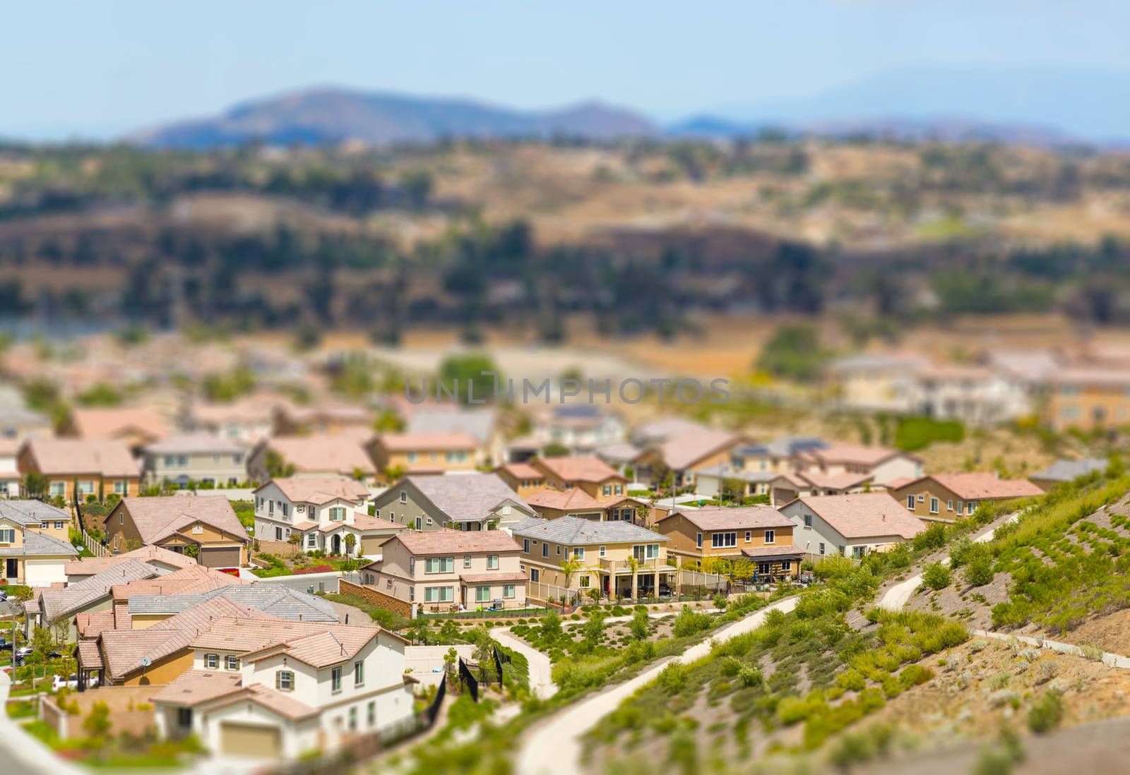 Aerial View of Populated Neigborhood Of Houses With Tilt-Shift Blur.