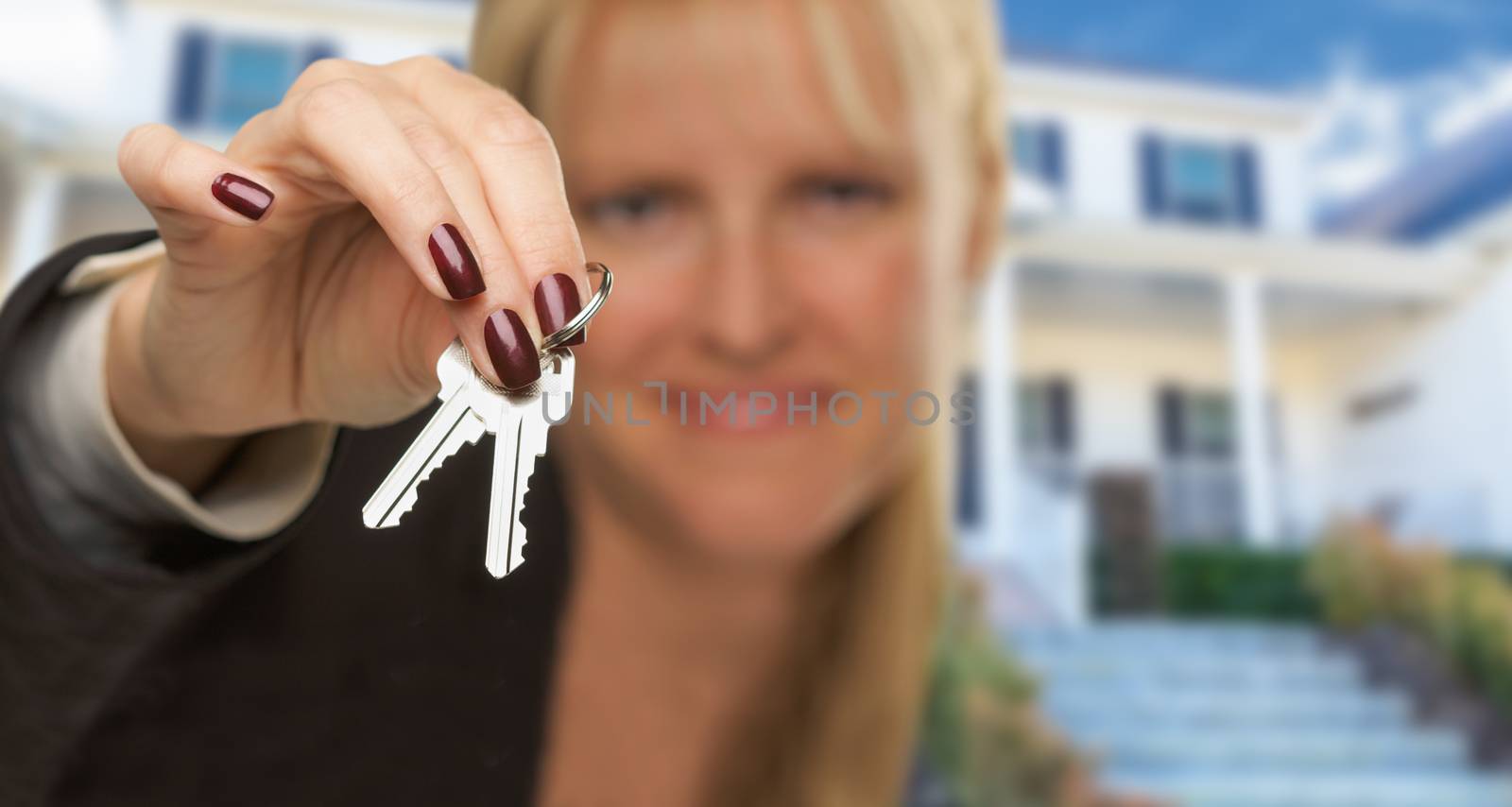 Real Estate Agent Handing Over New House Keys with House Behind by Feverpitched