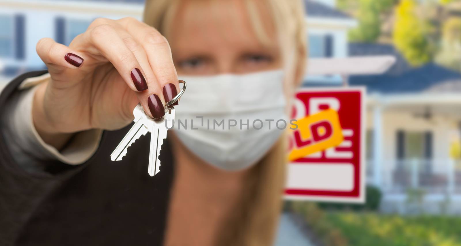 Woman Presenting House Keys Wearing Medical Face Mask by Feverpitched