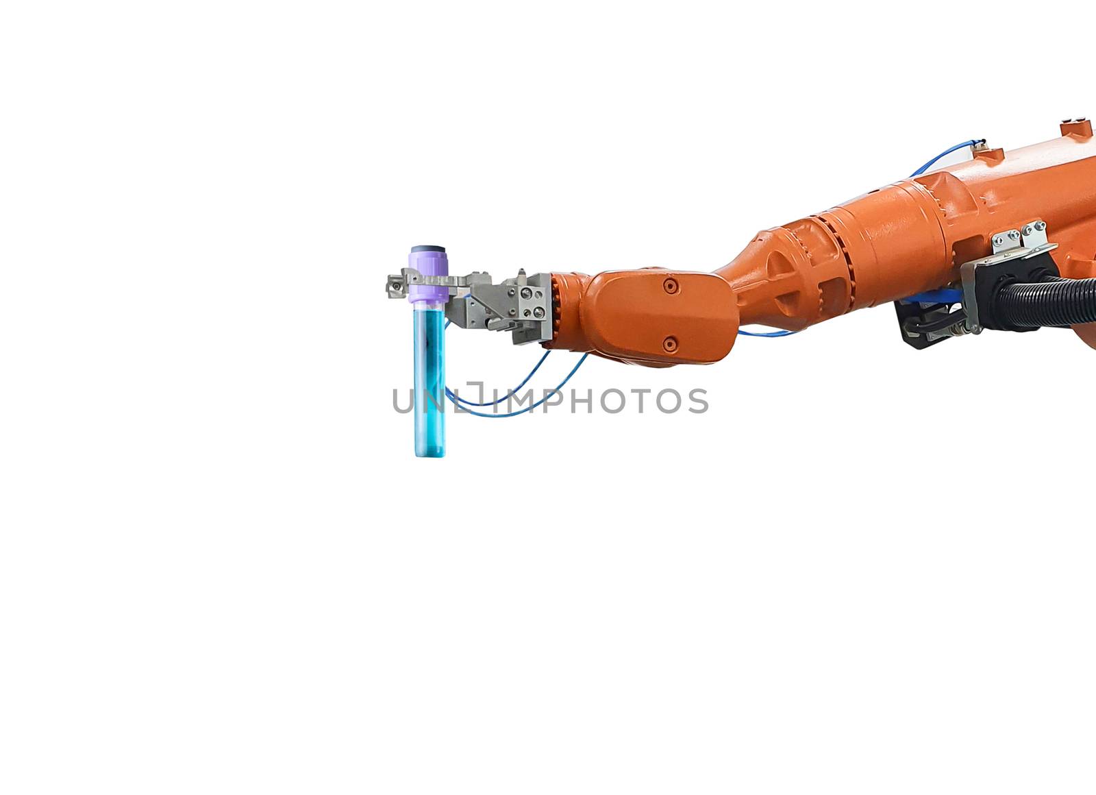A robotic arm holding a medical test tube on a white background