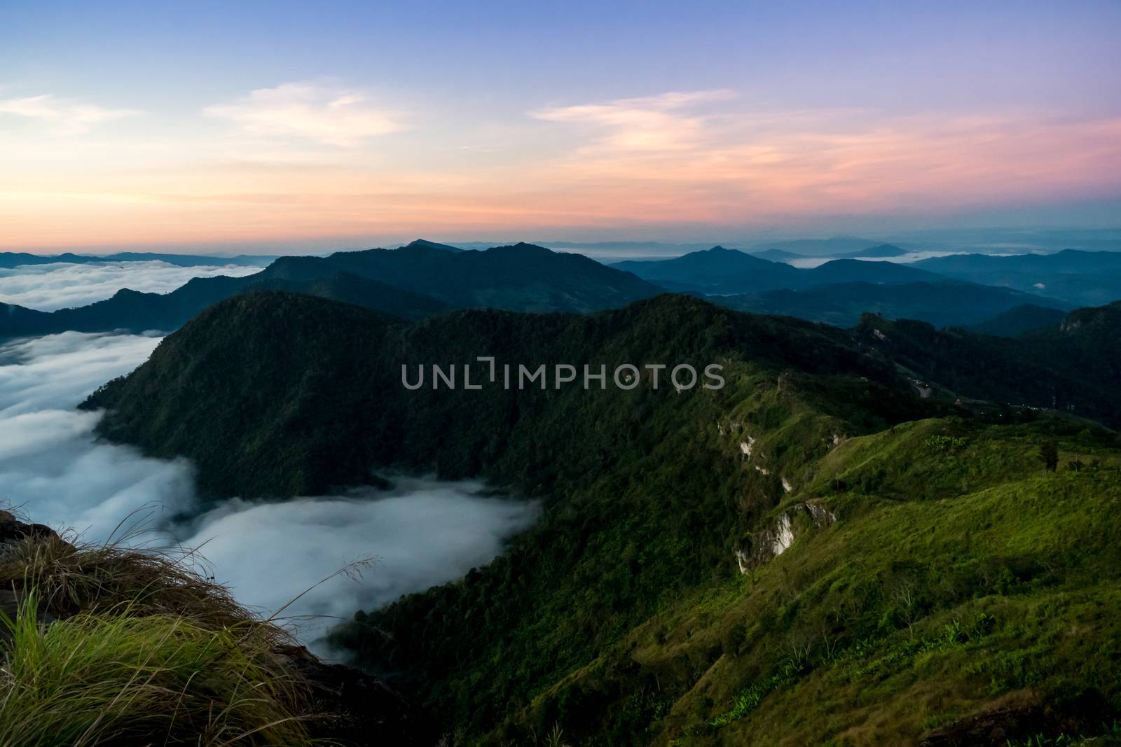 sunrise and sea of fog view on phu chi fa mountain area and national forest park in chiang rai, Thailand.