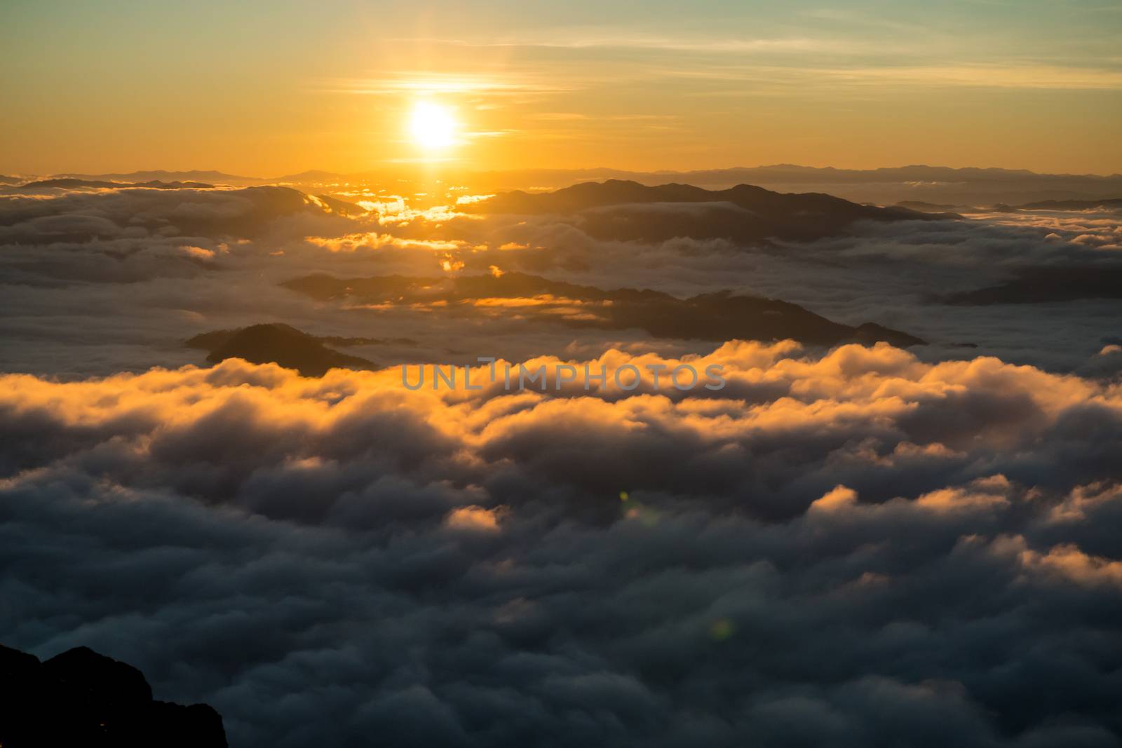 sunrise and sea of fog view on phu chi fa mountain area and national forest park in chiang rai, Thailand.