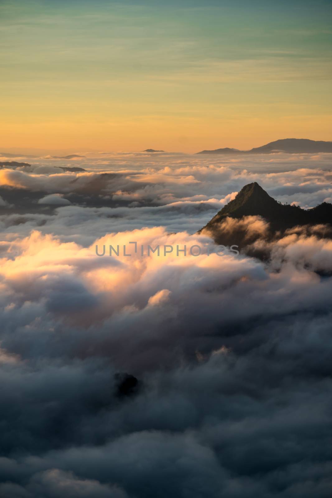 sunrise and sea of fog view on phu chi fa mountain area and national forest park in chiang rai, Thailand.