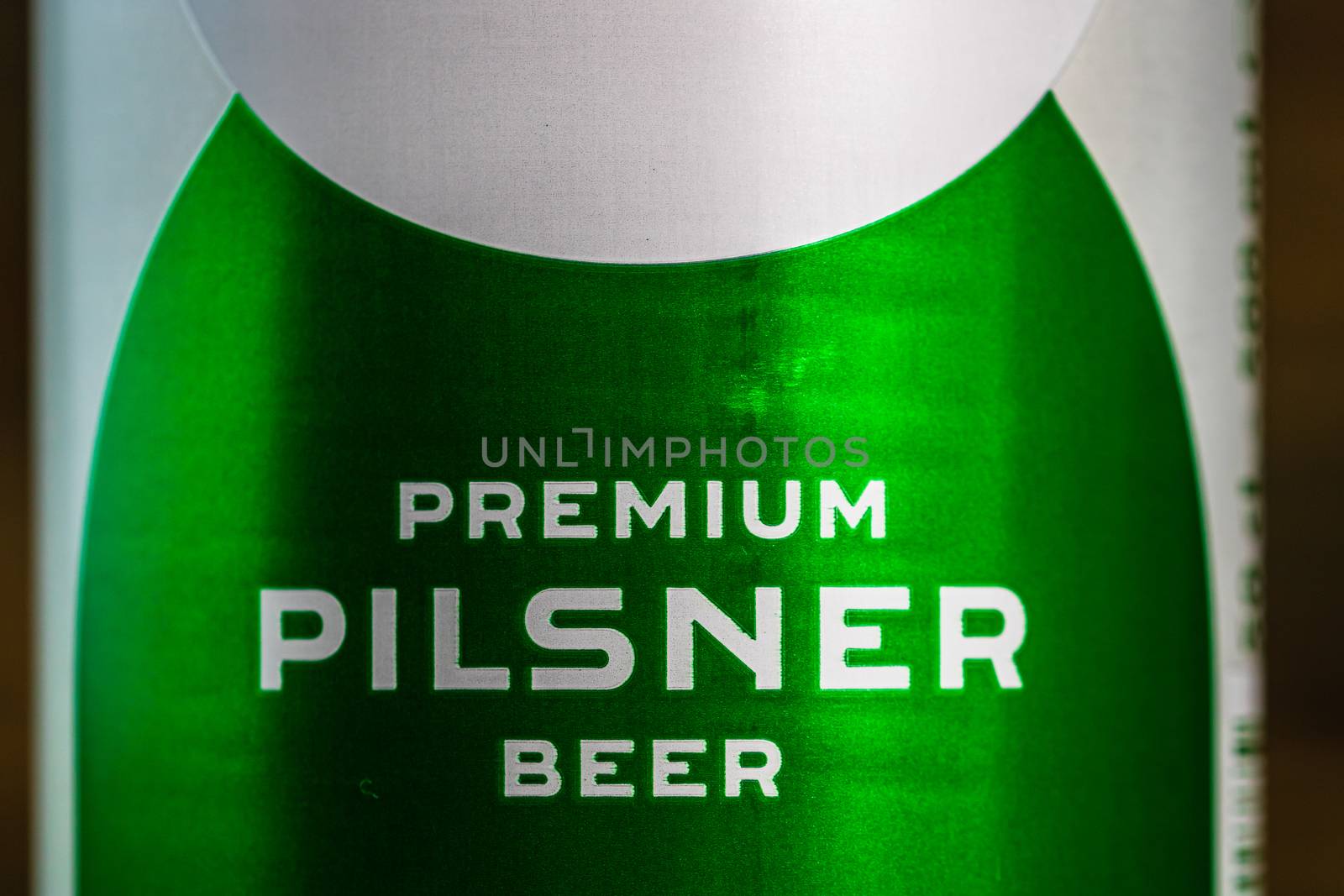 Detail photo of Grolsch Premium Pilsner - Grolsch Premium Lager beer can. Studio photo shoot in Bucharest, Romania, 2020