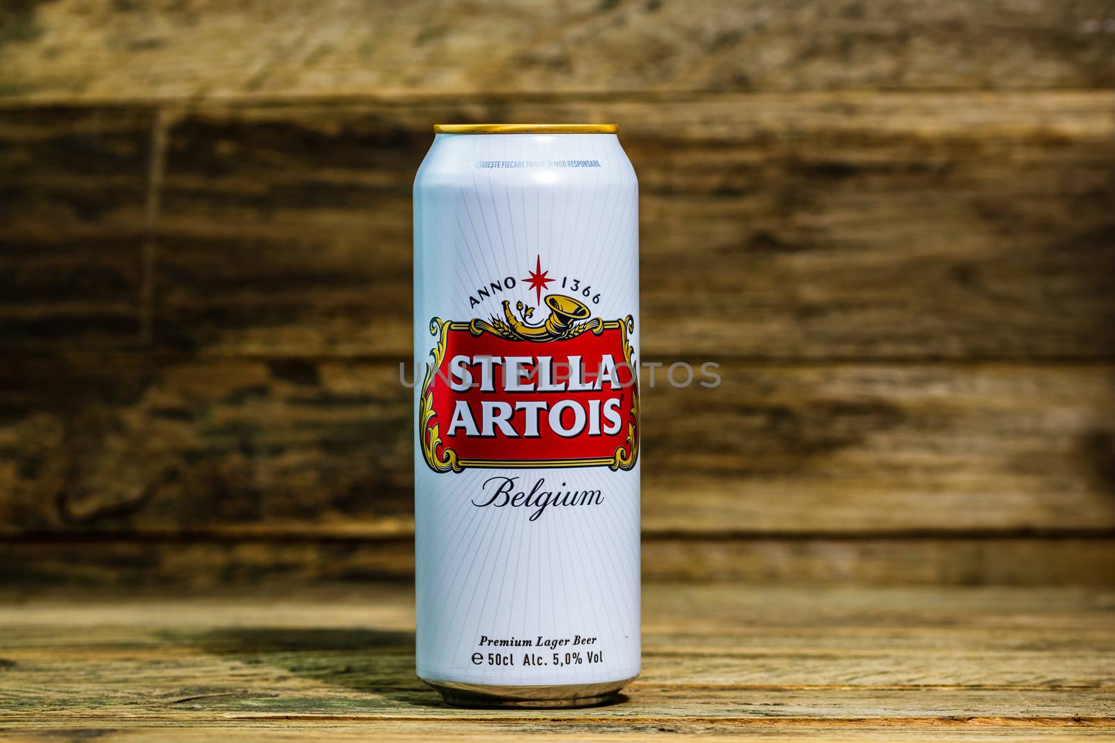 Great Belgium beer - Stella Artois. Belgium Premium Lager beer can. Studio photo shoot in Bucharest, Romania, 2020