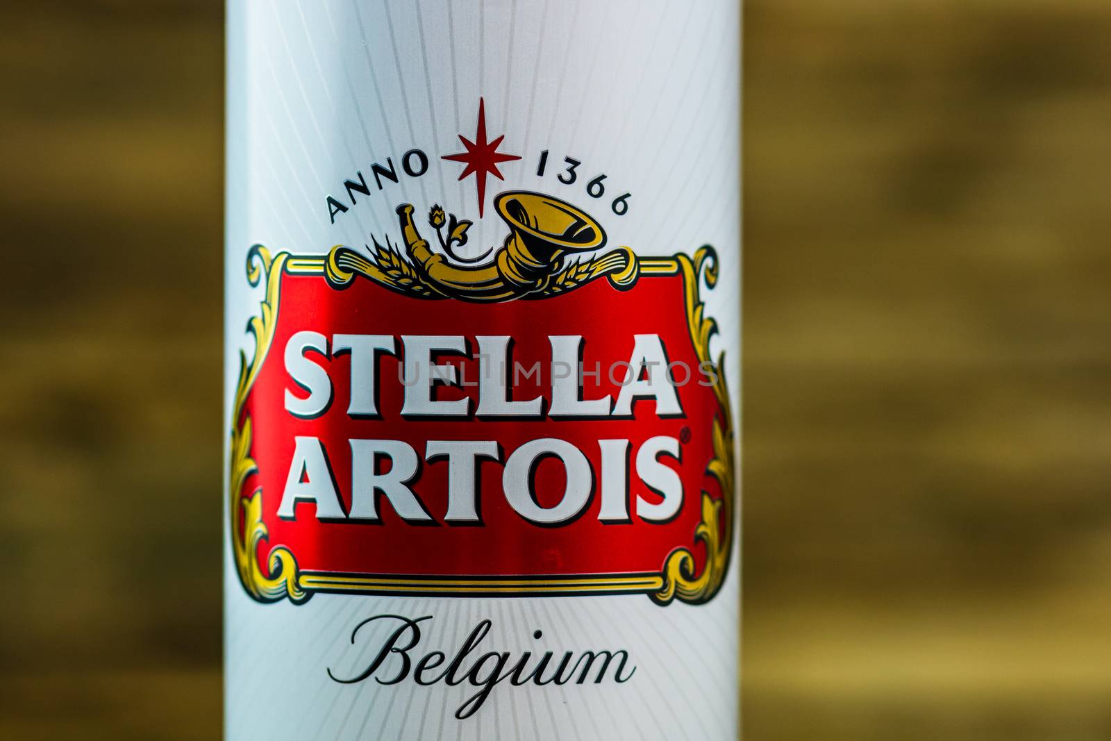 Great Belgium beer - Stella Artois. Belgium Premium Lager beer can. Studio photo shoot in Bucharest, Romania, 2020