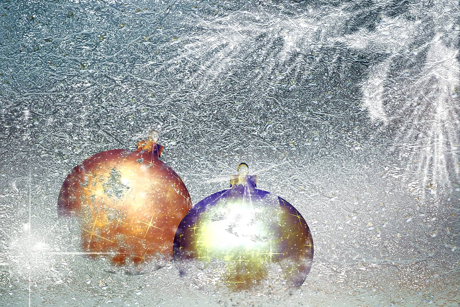 Golden christmas balls on the icy background. Winter poster with copy space. Christmas bauble before a twinkle holiday backdrop. Merry christmas card. New year banner