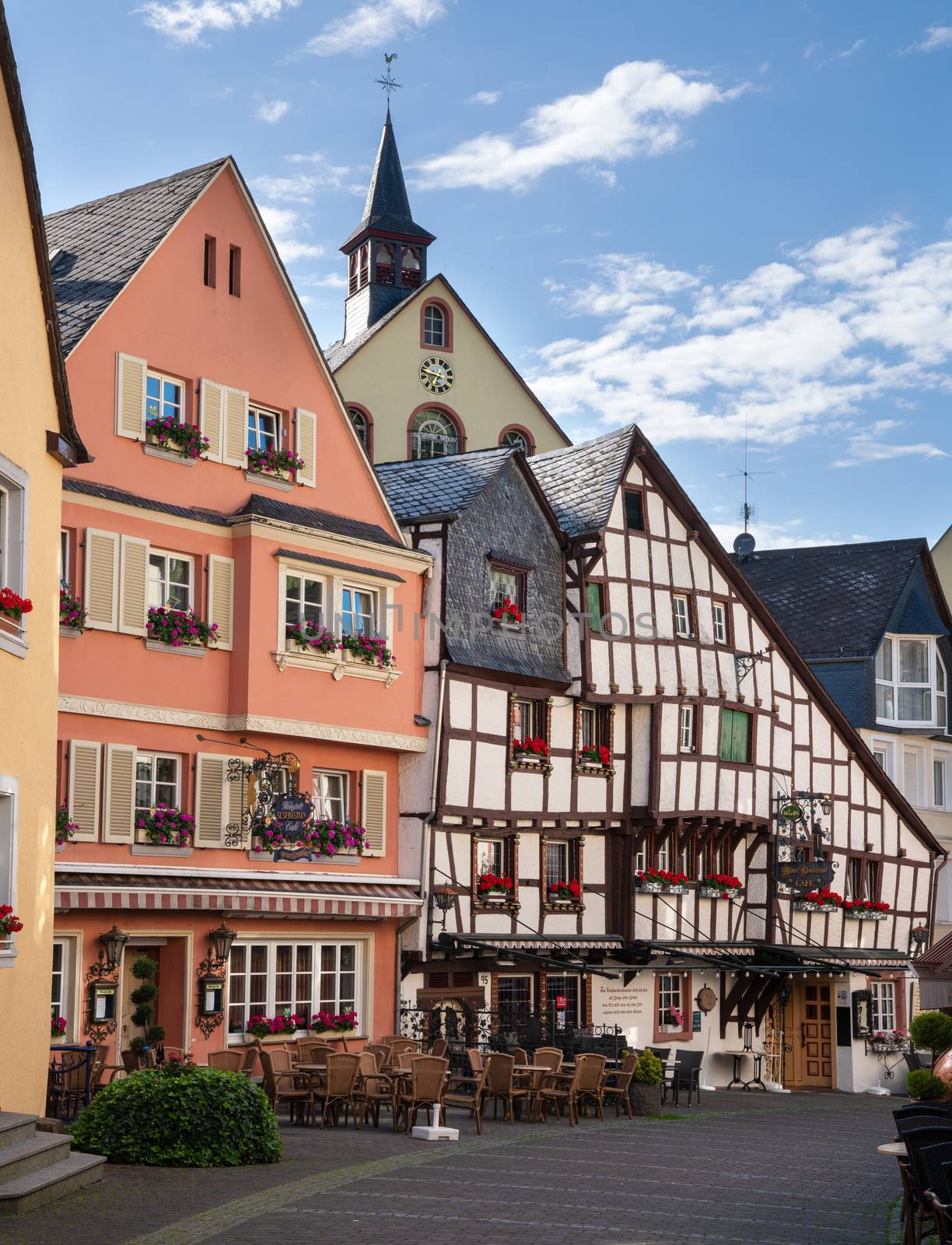 BERNKASTEL, GERMANY - JUNE 18, 2020: Old buildings in the historic city center of Bernkastel on June 18, 2020 in Germany