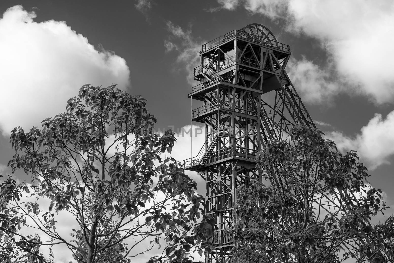 KAMP-LINTFORT, GERMANY - AUGUST 22, 2020: Old pitframe of Zeche Friedrich Heinrich against sky, industrial heritage of Germany on August 22, 2020 in Kamp-Lintfort