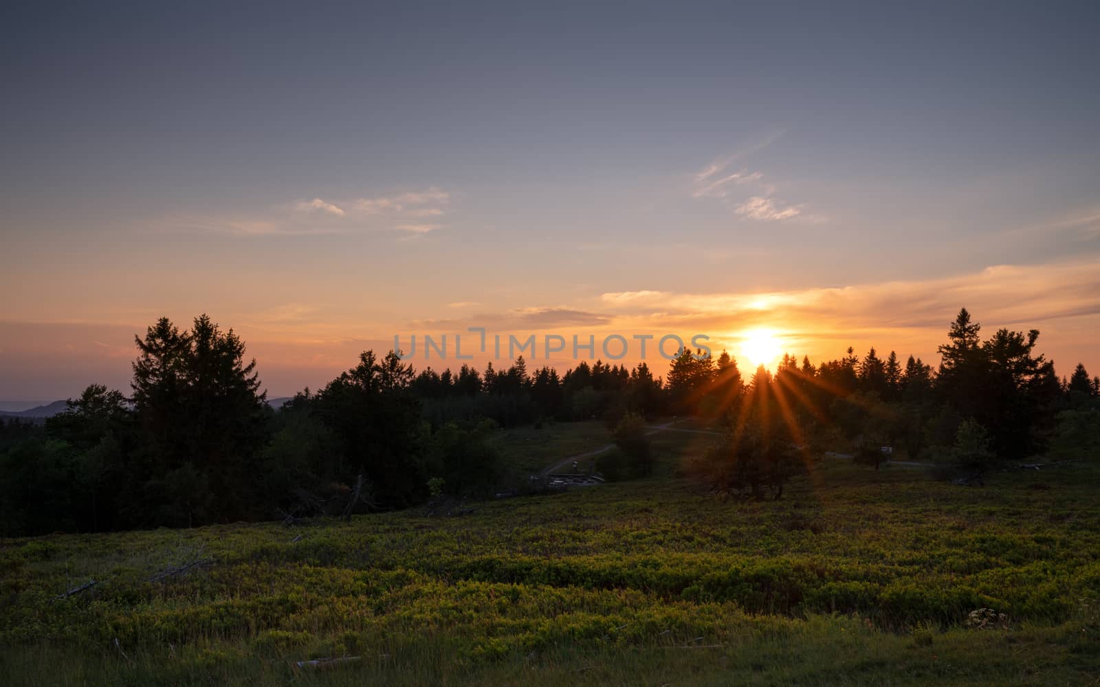 Panoramic image of the peak of the Kahler Asten at sunset, most famous mountain of Sauerland region in Germany