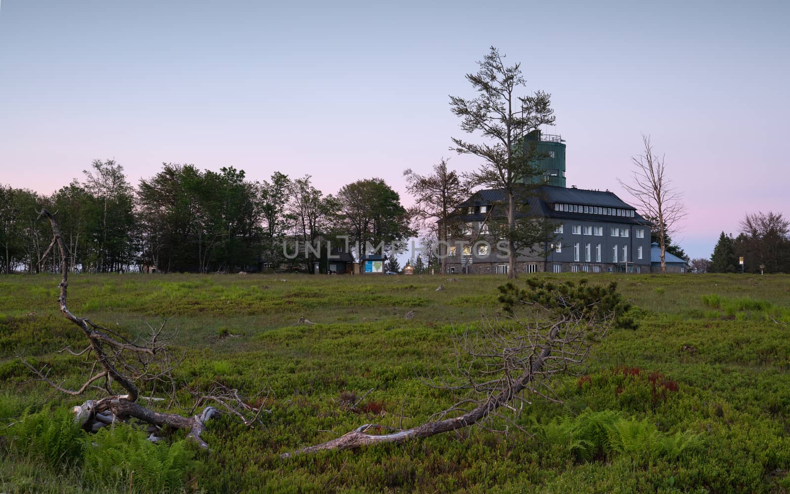 Panoramic image of the peak of the Kahler Asten at dusk, most famous mountain of Sauerland region in Germany