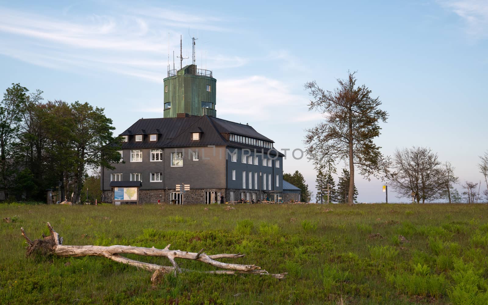 WINTERBERG, GERMANY - JUNE 12, 2020: Panoramic image of the peak of the Kahler Asten at dusk, most famous mountain of Sauerland region on June 12, 2020 in Germany