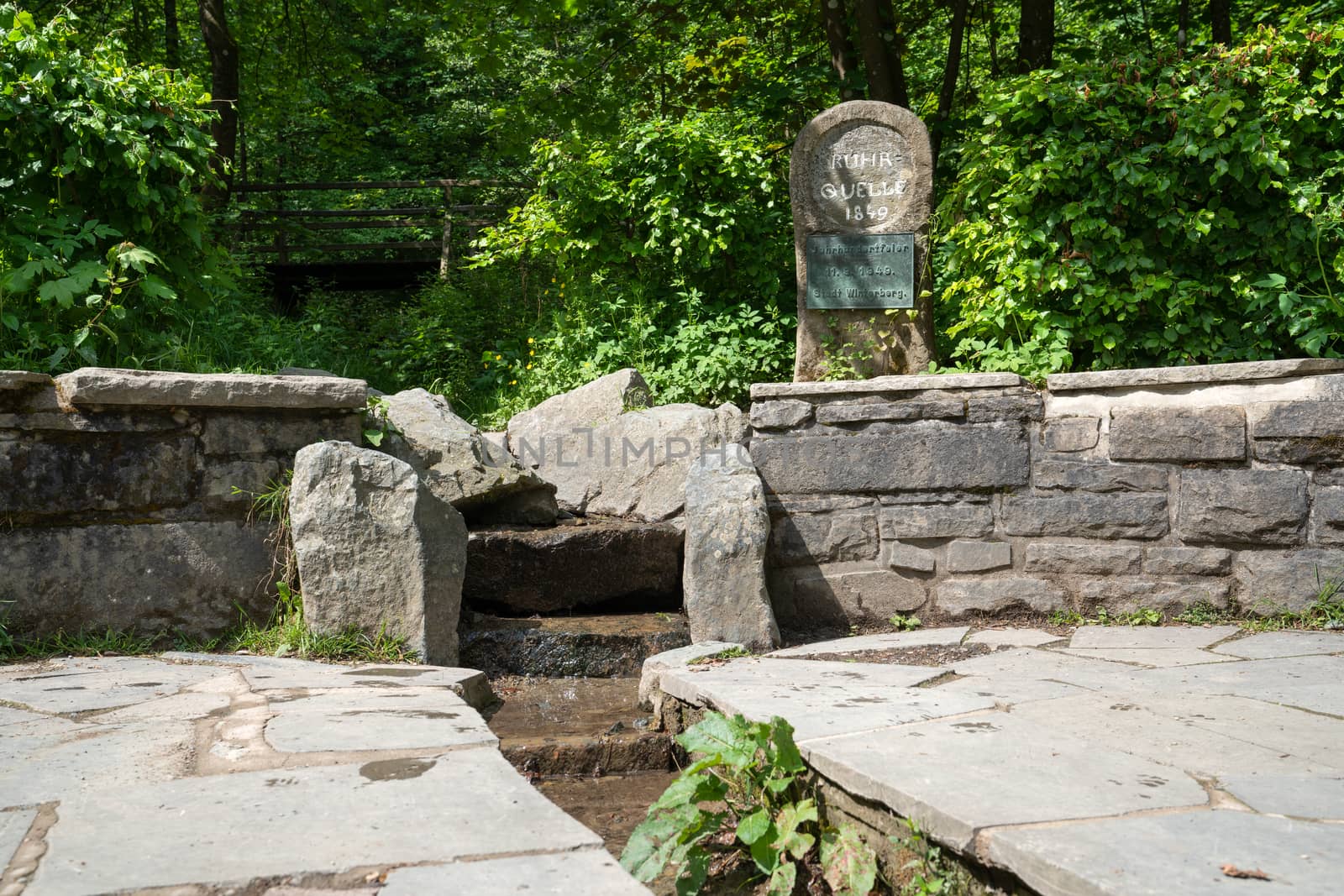 Spring of the river Ruhr with memorial stone and surrounded by trees, Winterberg, Sauerland, Germany