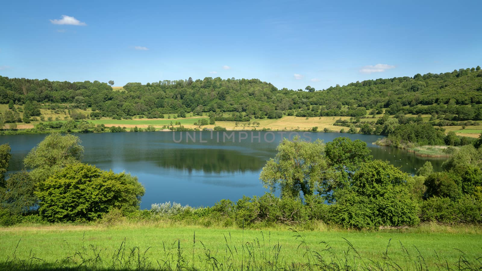Panoramic image of the landscape of Vulkaneifel with Maare lakes close to Schalkenmehren, Germany