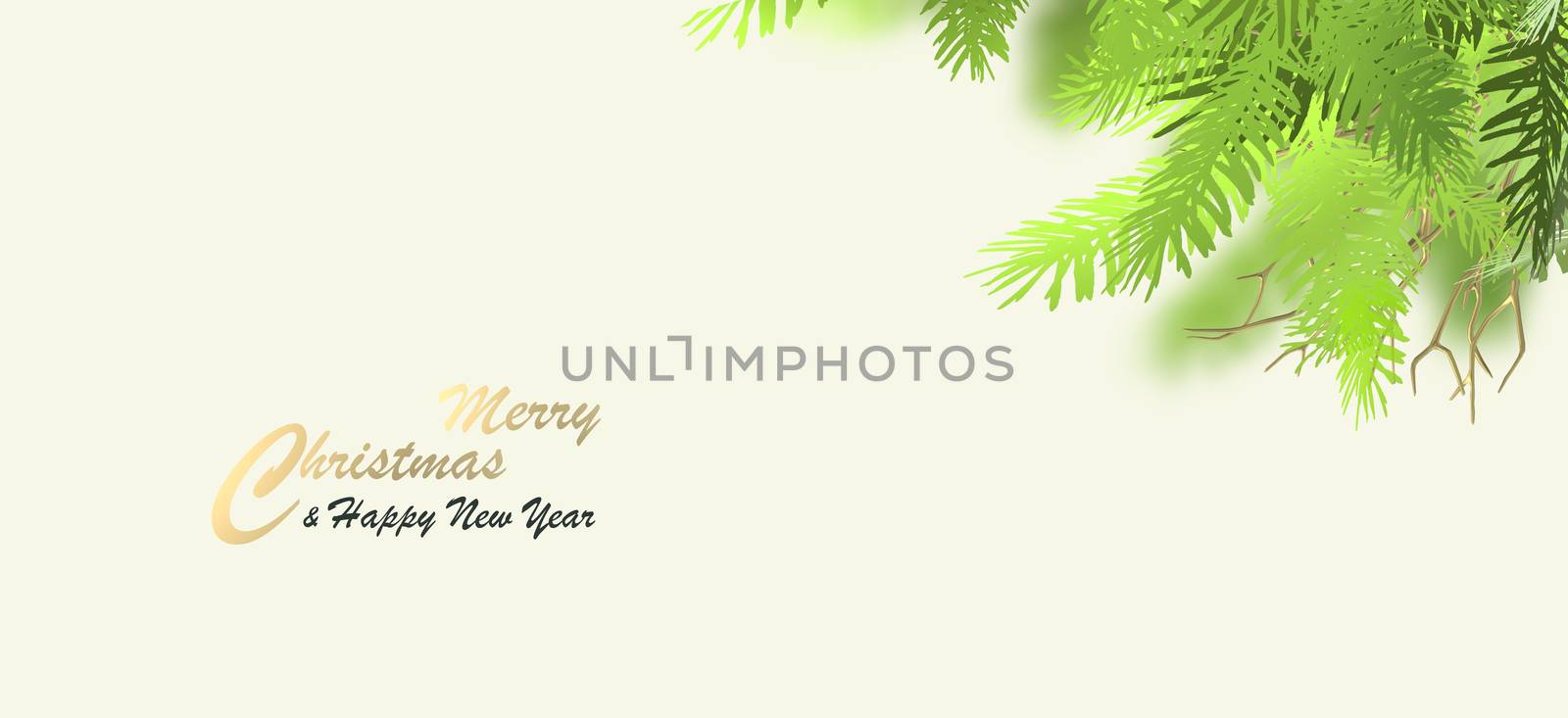 Christmas holiday background. Minimalist Xmas banner with Xmas fir branches, gold tree, shiny text Merry Christmas Happy New Year on white yellow pastel background. Place for text, copy space. 3D render