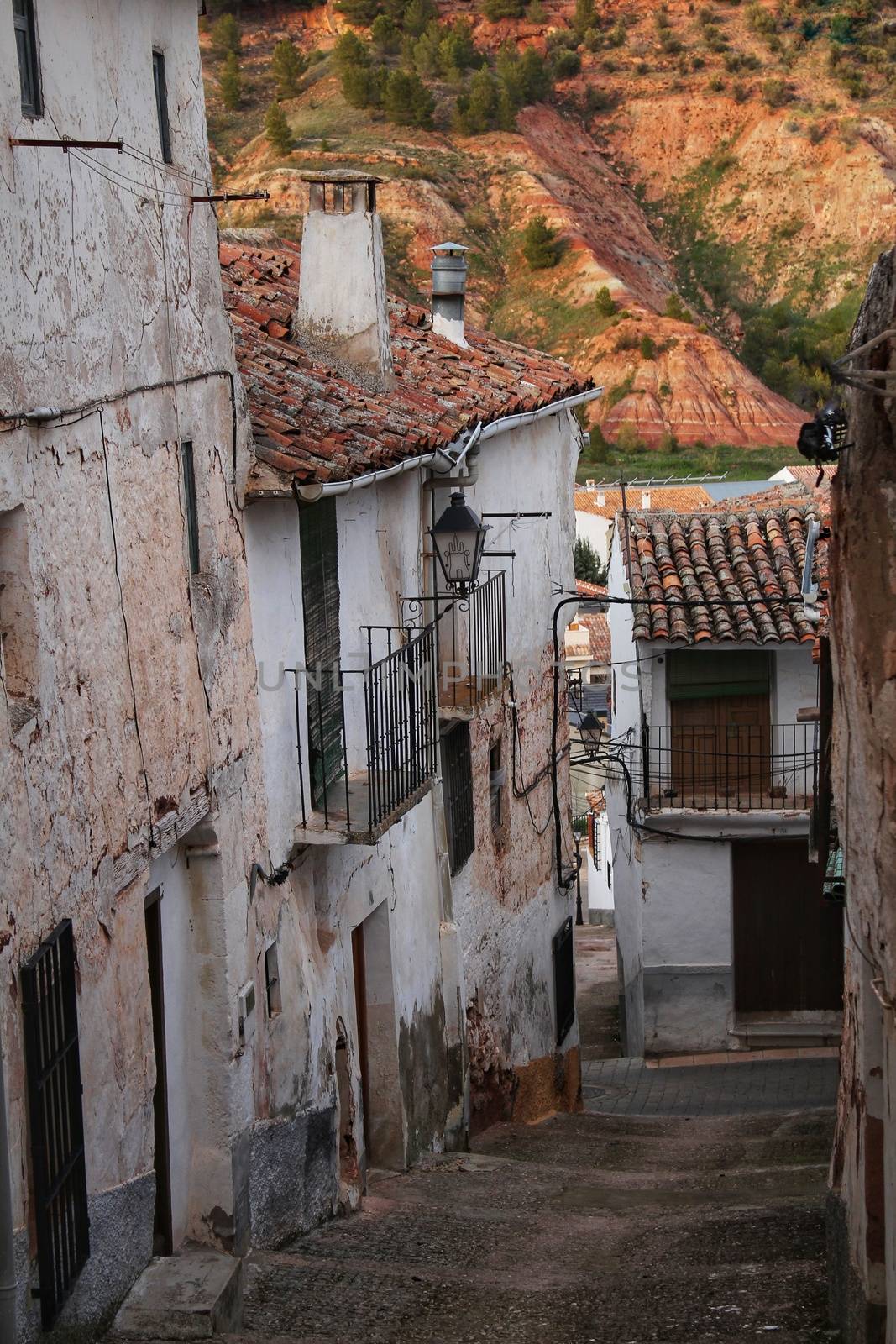 Narrow streets and old facades in Alcaraz, Castilla la Mancha community, Spain