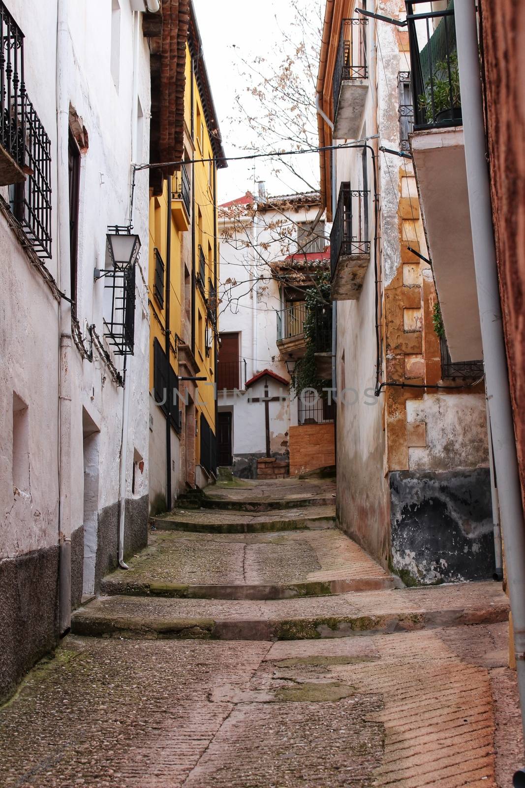 Narrow streets and old facades in Alcaraz, Castilla la Mancha community, Spain