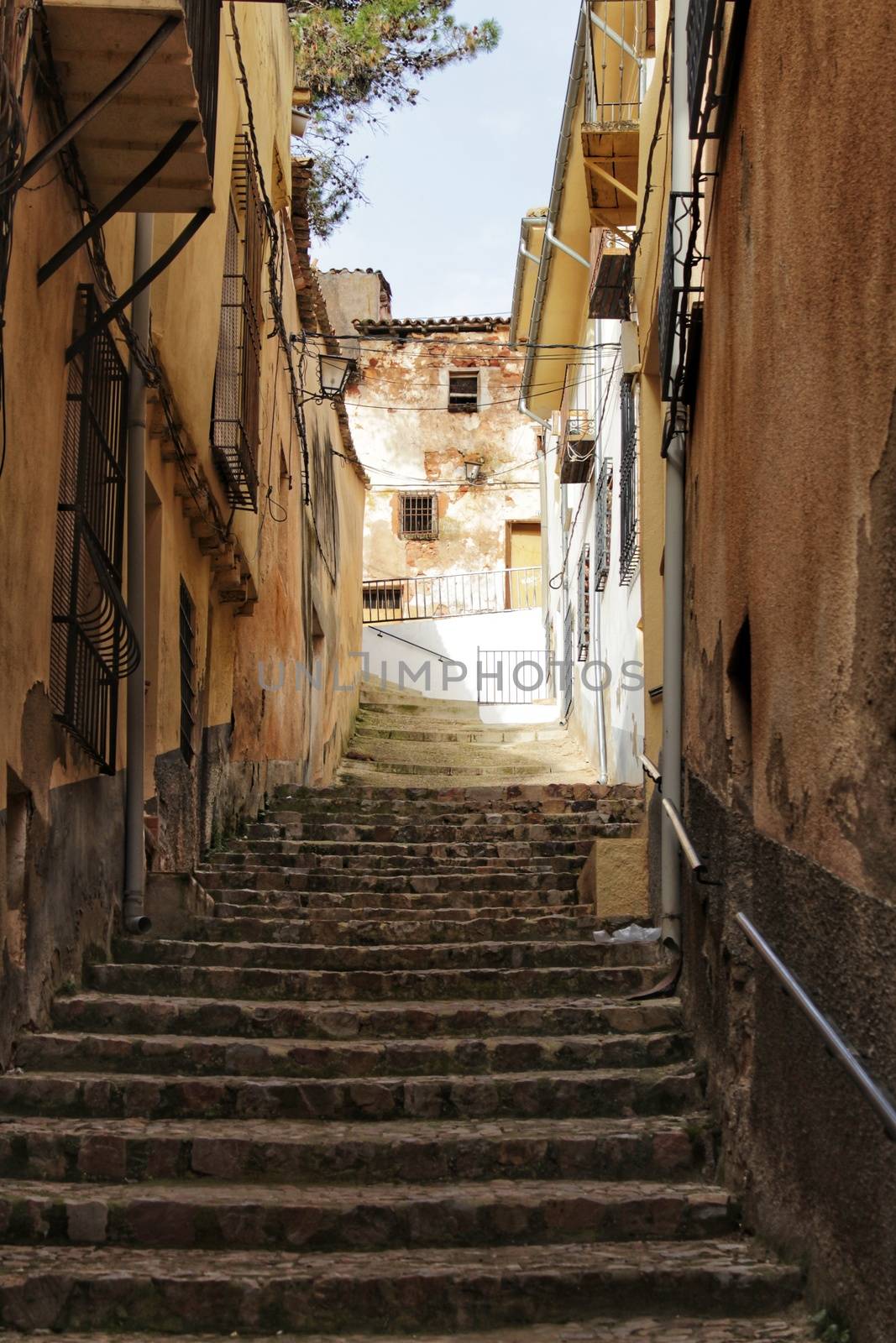 Narrow streets and old facades in Alcaraz, Castilla la Mancha community, Spain