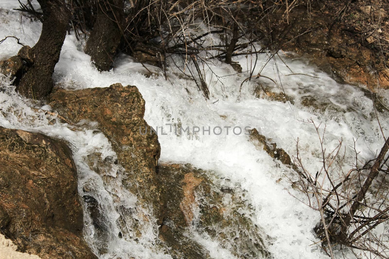 Cabriel River with crystal clear waters and surrounded by green vegetation in the mountains of Albacete, Spain