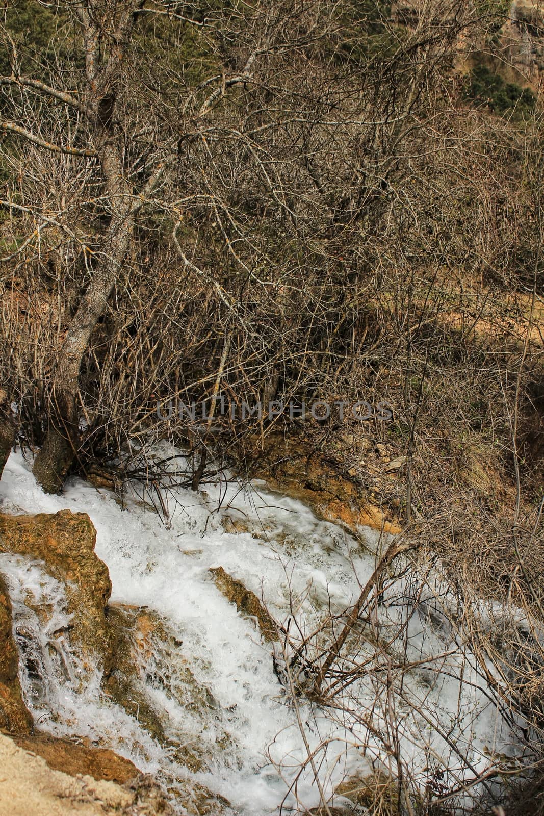 Cabriel River with crystal clear waters and surrounded by green vegetation in the mountains of Albacete, Spain