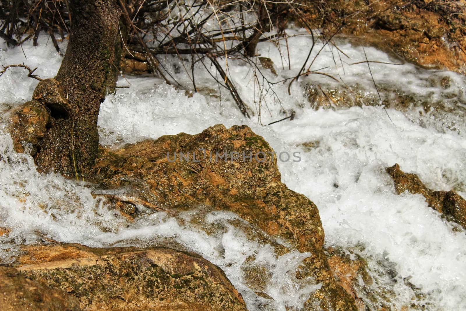 Cabriel River with crystal clear waters and surrounded by green vegetation in the mountains of Albacete, Spain