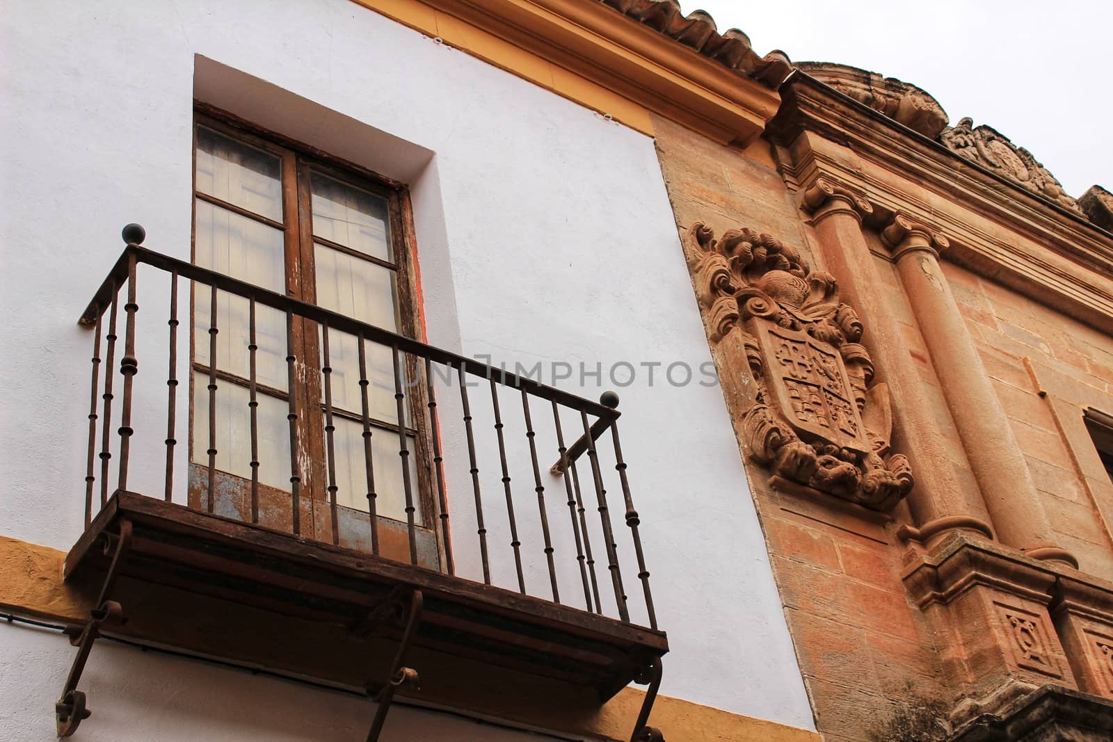 Old stone facade made of carved stone and vintage wooden door in a majestic house in Villanueva de los Infantes, Ciudad Real community, Spain