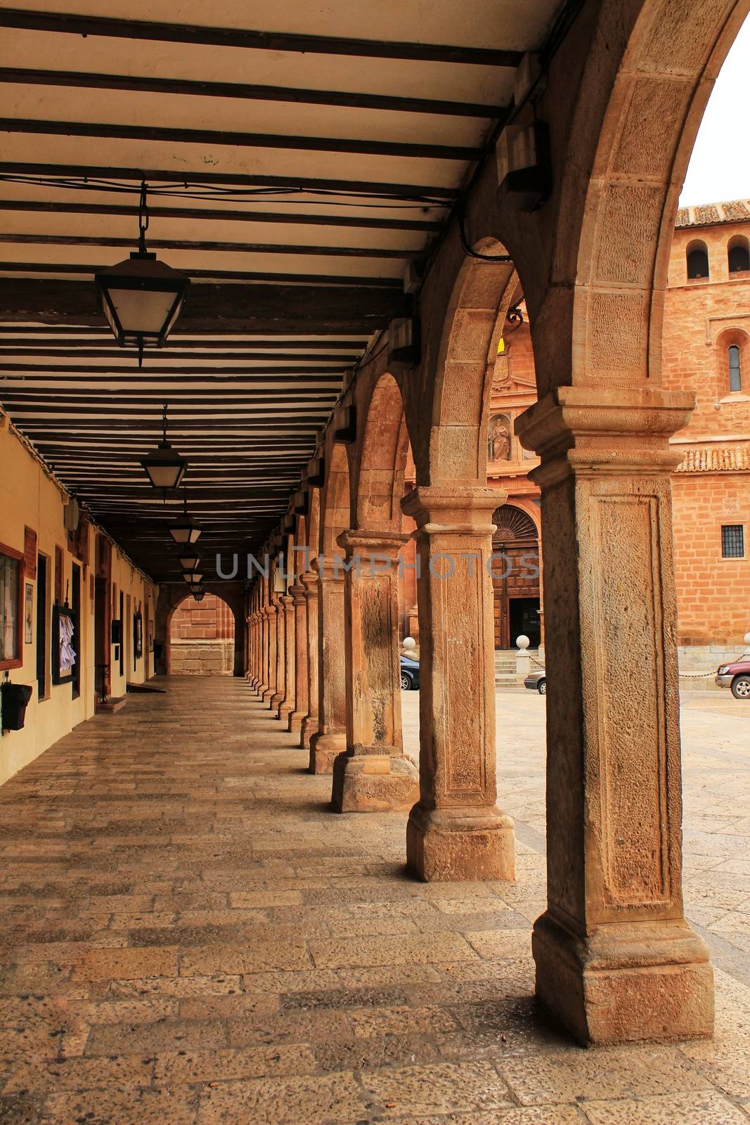 Gallery with arcades of Renaissance style in the main square of Villanueva de los Infantes, Castile-la Mancha community, Spain