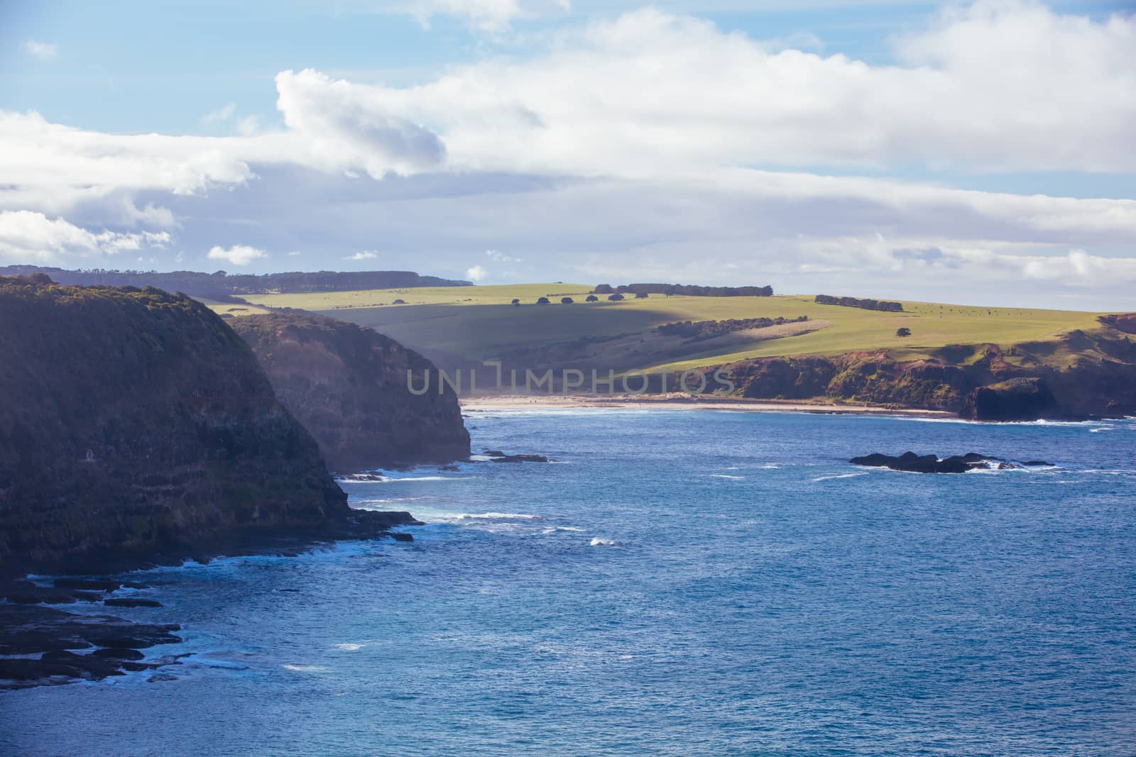 The view from Angel Cave lookout over Bushrangers Bay towards Phillip Island, in Victora. Australia