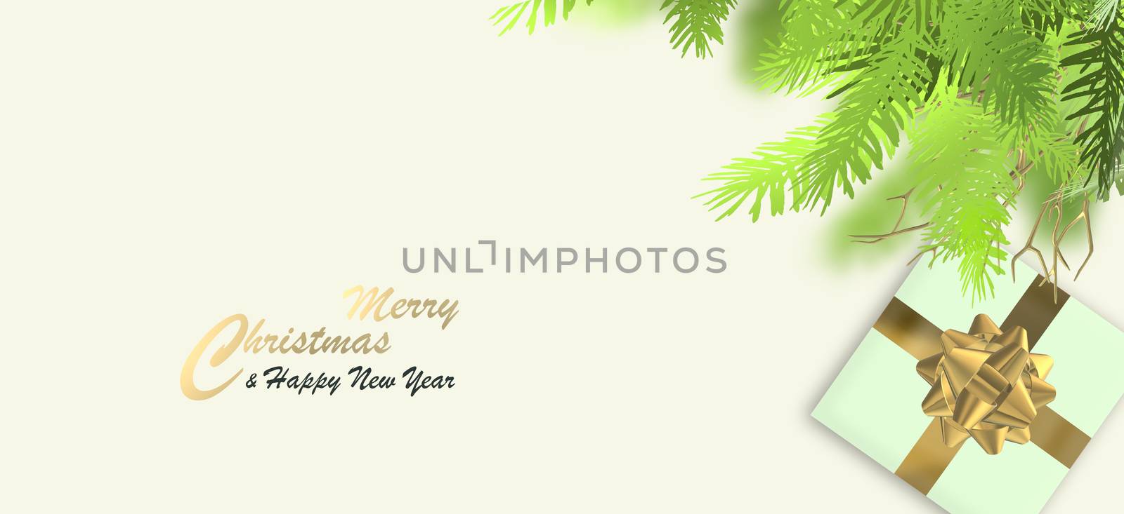 Christmas banner. Realistic Christmas gift box, fir branches, golden twigs, gold text Merry Christmas Happy New Year on yellow pastel background. Horizontal flat lay. 3D illustration