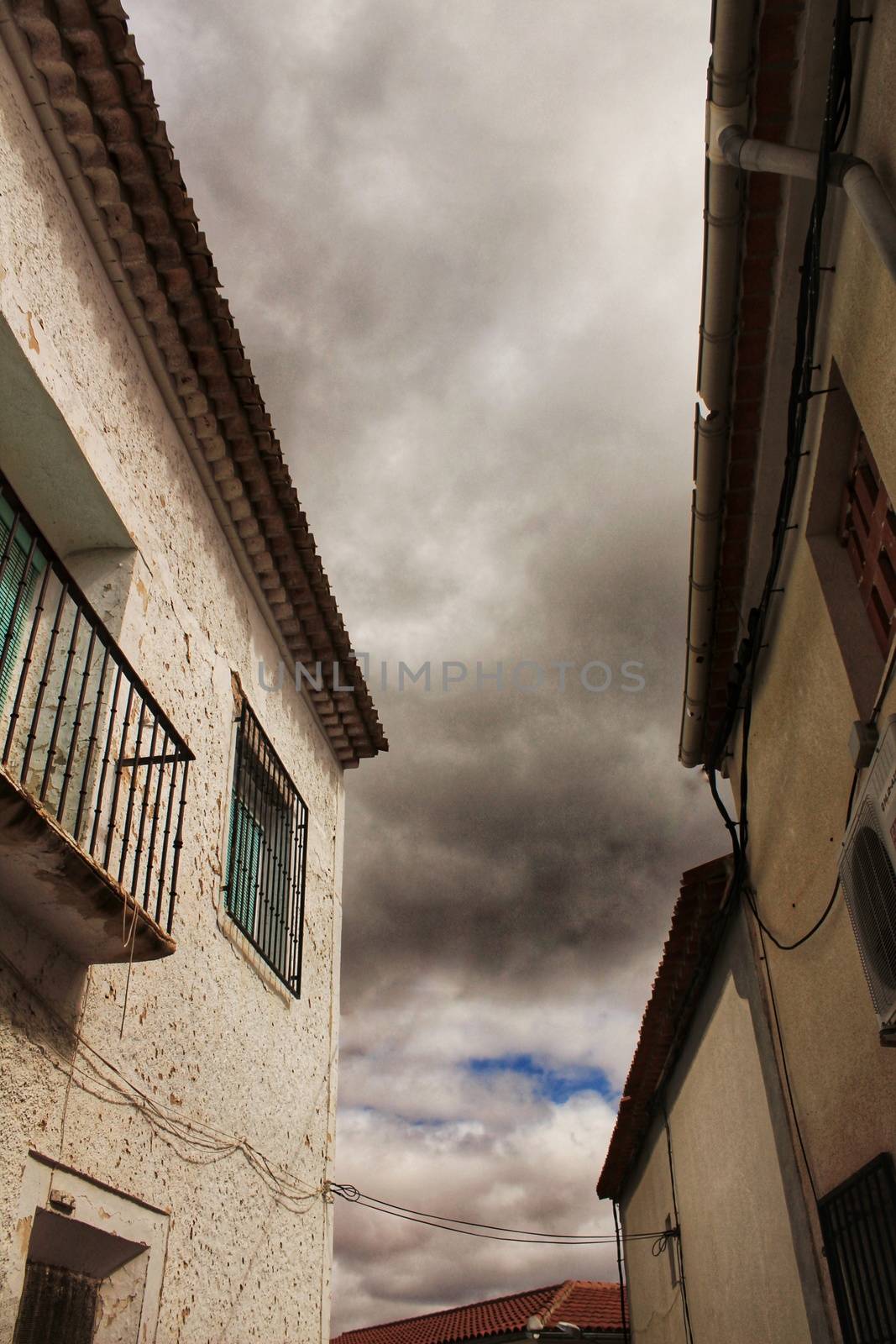 Narrow streets and old facades in Jorquera village, Castilla la Mancha community, Spain