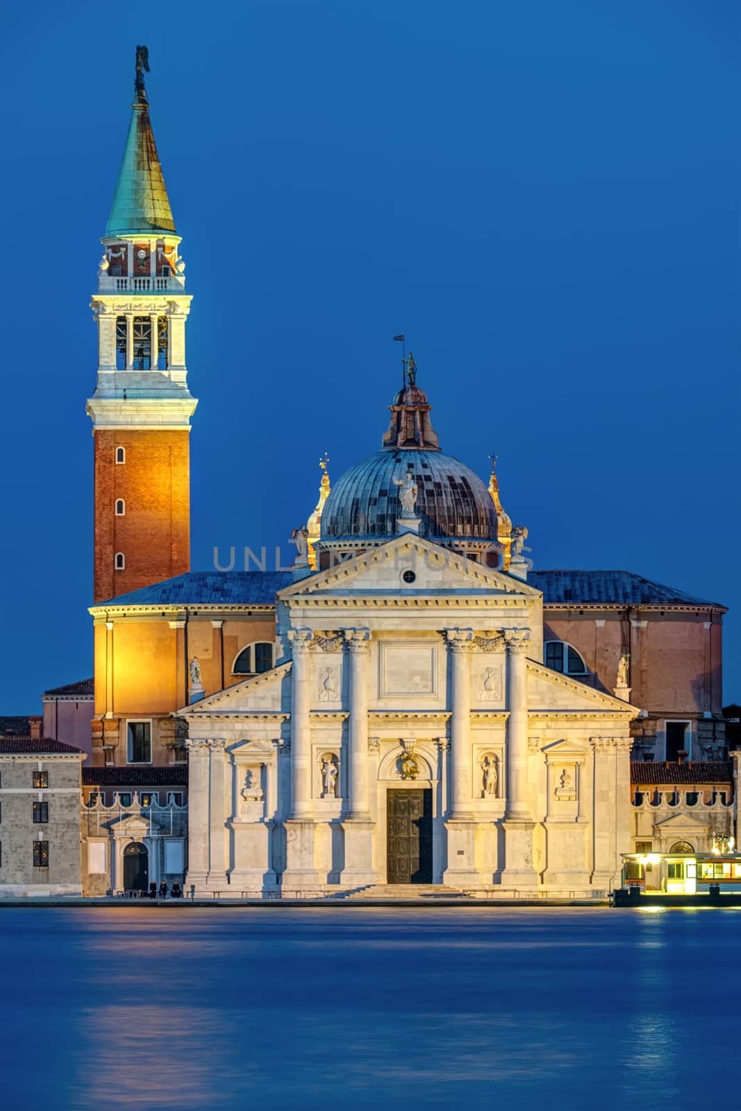 The San Giorgio Maggiore church in Venice, Italy, at night