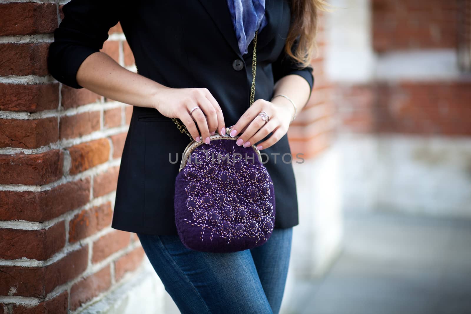 purple Elegant Felting wool fashion handmade handbag in hand. street fashion look