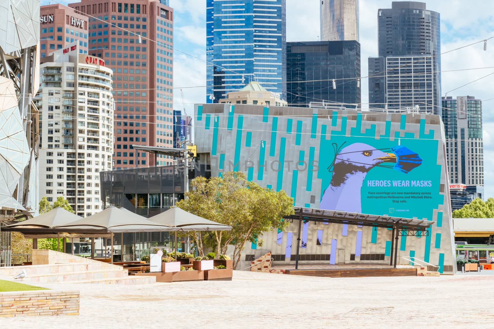 Melbourne, Australia - October 10th 2020: Federation Square in Melbourne is quiet and empty during the Coronavirus pandemic and associated lockdown.