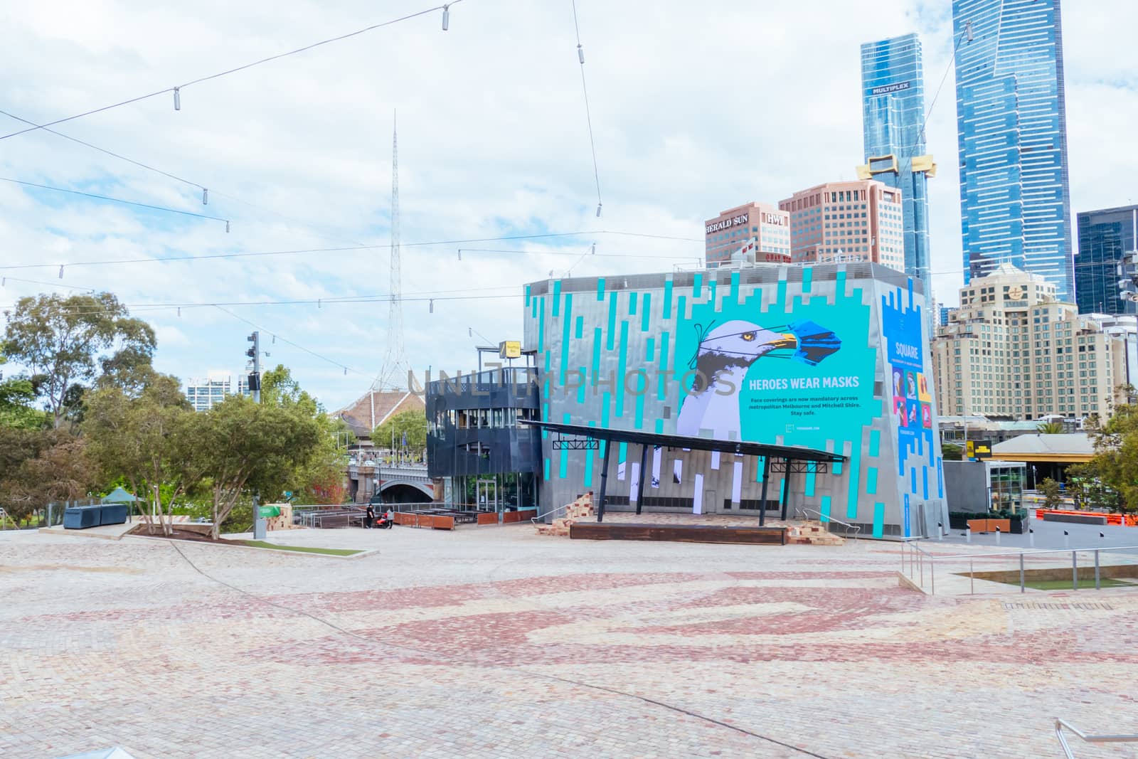 Melbourne, Australia - October 10th 2020: Federation Square in Melbourne is quiet and empty during the Coronavirus pandemic and associated lockdown.