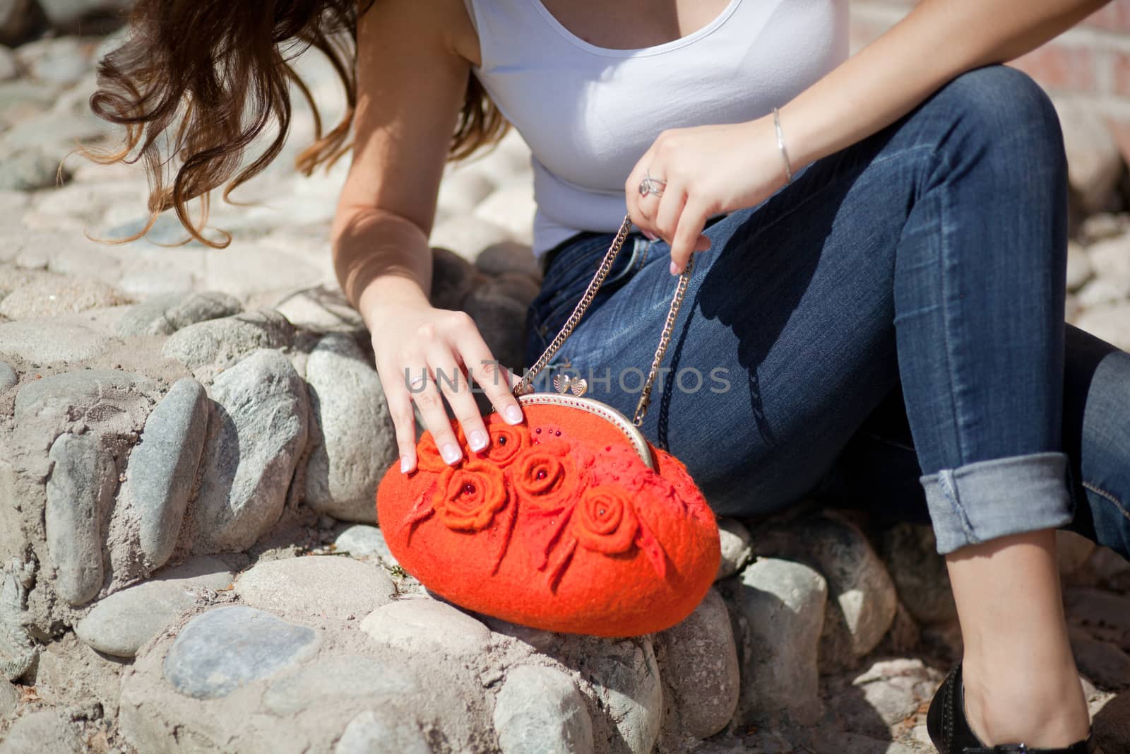 red Elegant Felting wool fashion handmade handbag in hand. street fashion look