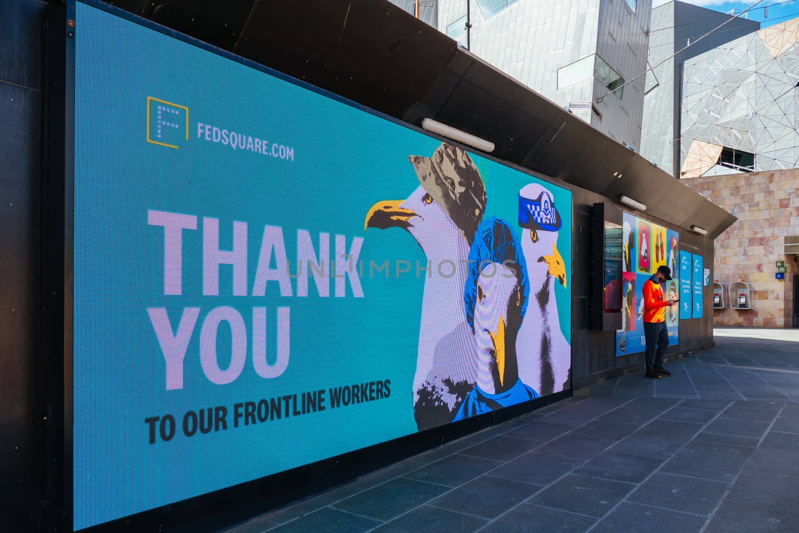 Melbourne, Australia - October 10th 2020: Federation Square in Melbourne is quiet and empty during the Coronavirus pandemic and associated lockdown.