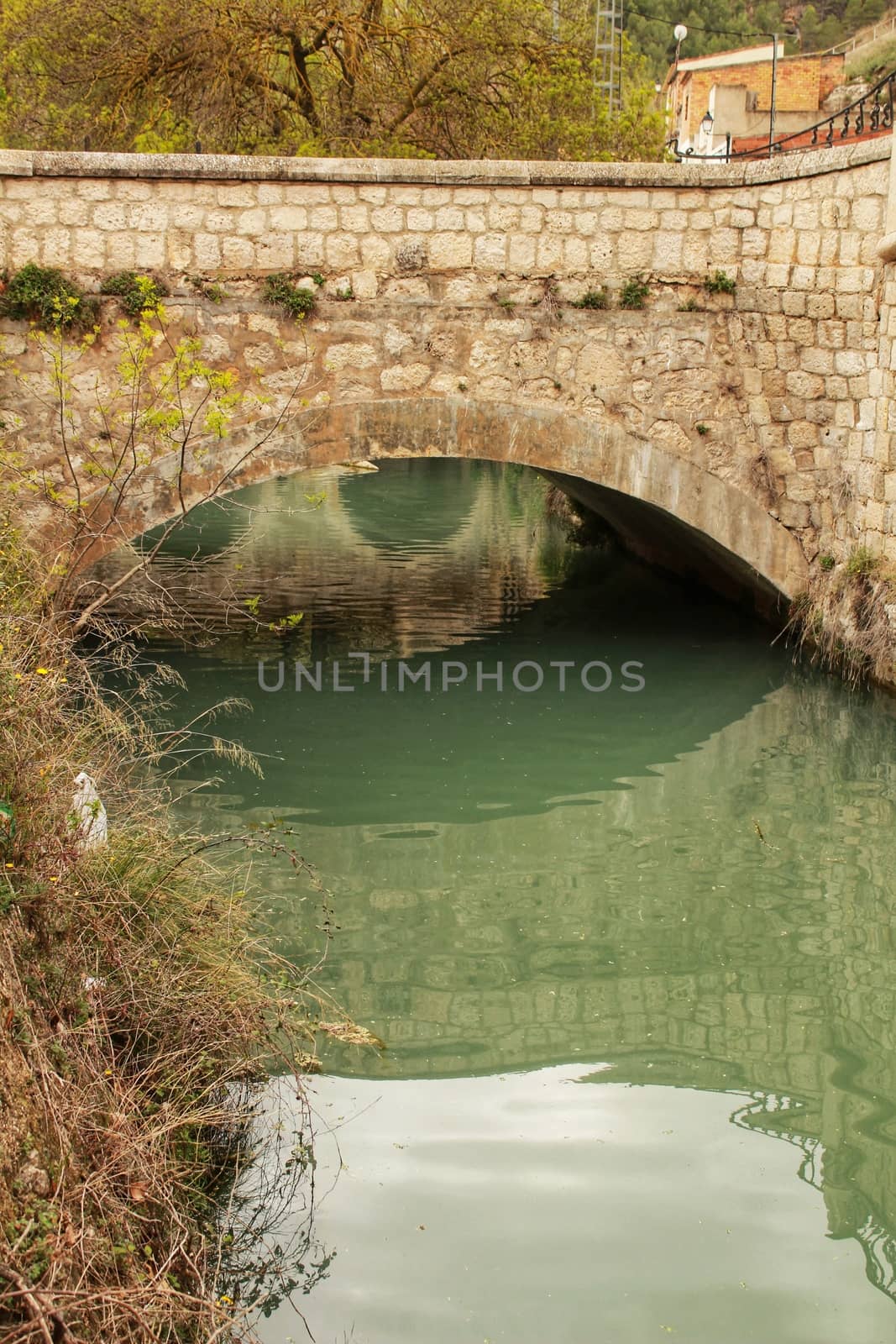 The Jucar River and old stone bridge surrounded by vegetation in Alcala del Jucar village