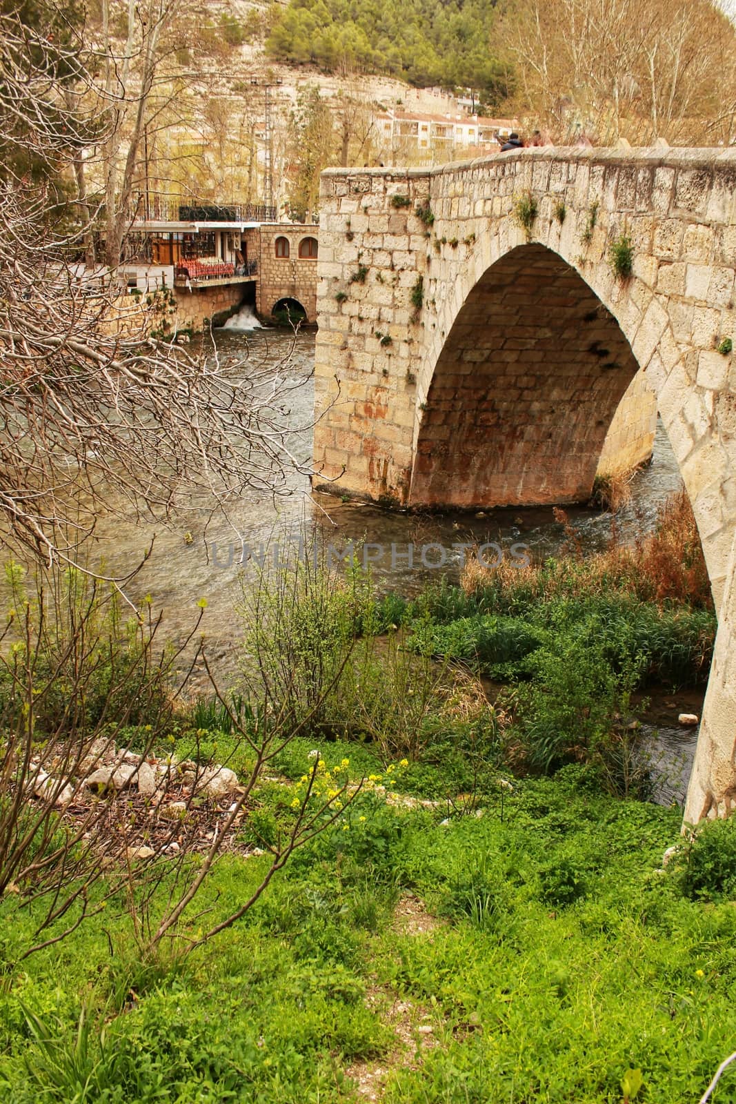The Jucar River and old stone bridge surrounded by vegetation in Alcala del Jucar village