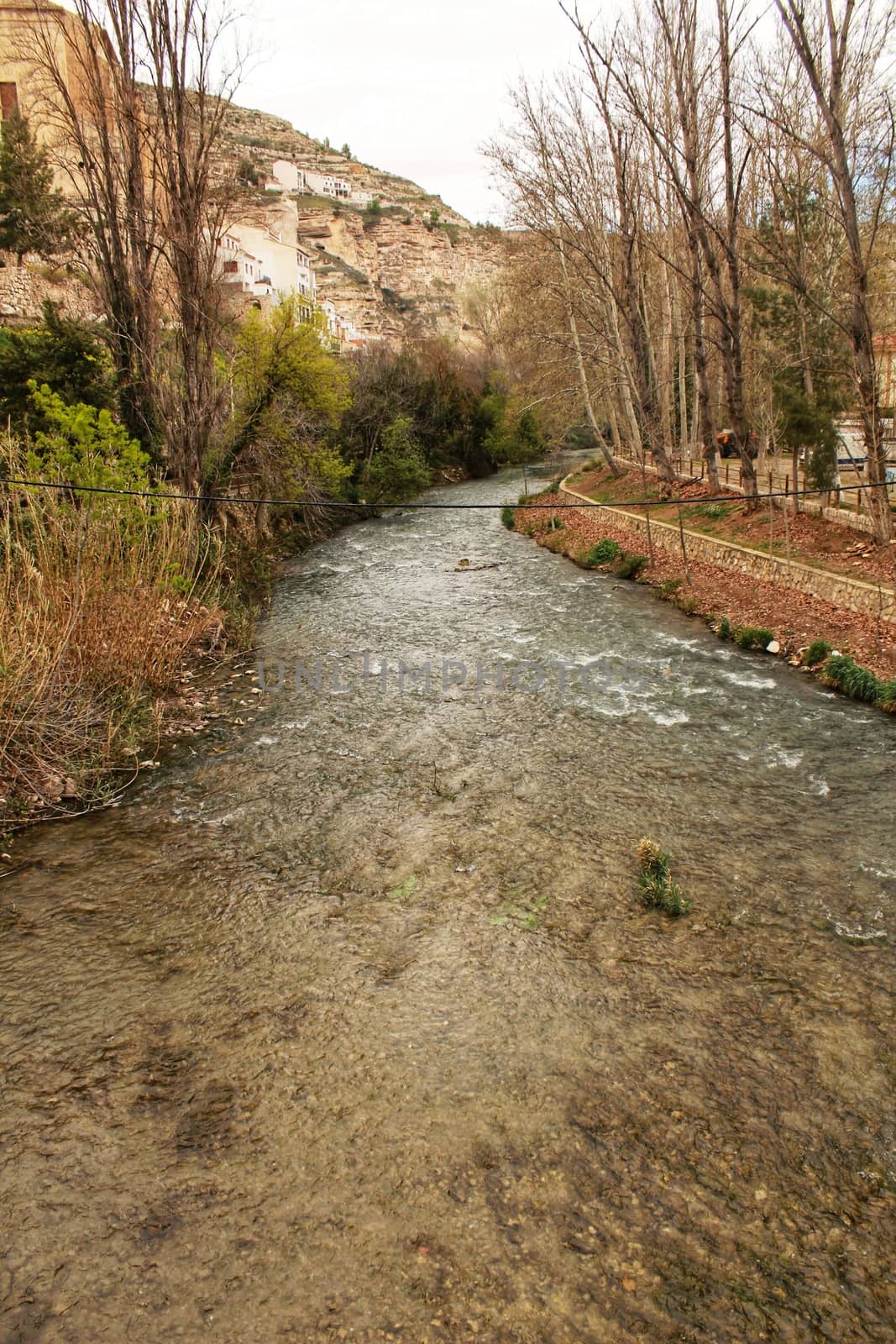 The Jucar River surrounded by vegetation in Alcala del Jucar village