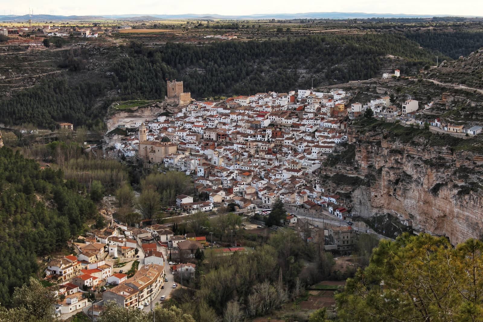 Views of the village of Alcala del Jucar in the morning from the viewpoint in Spring