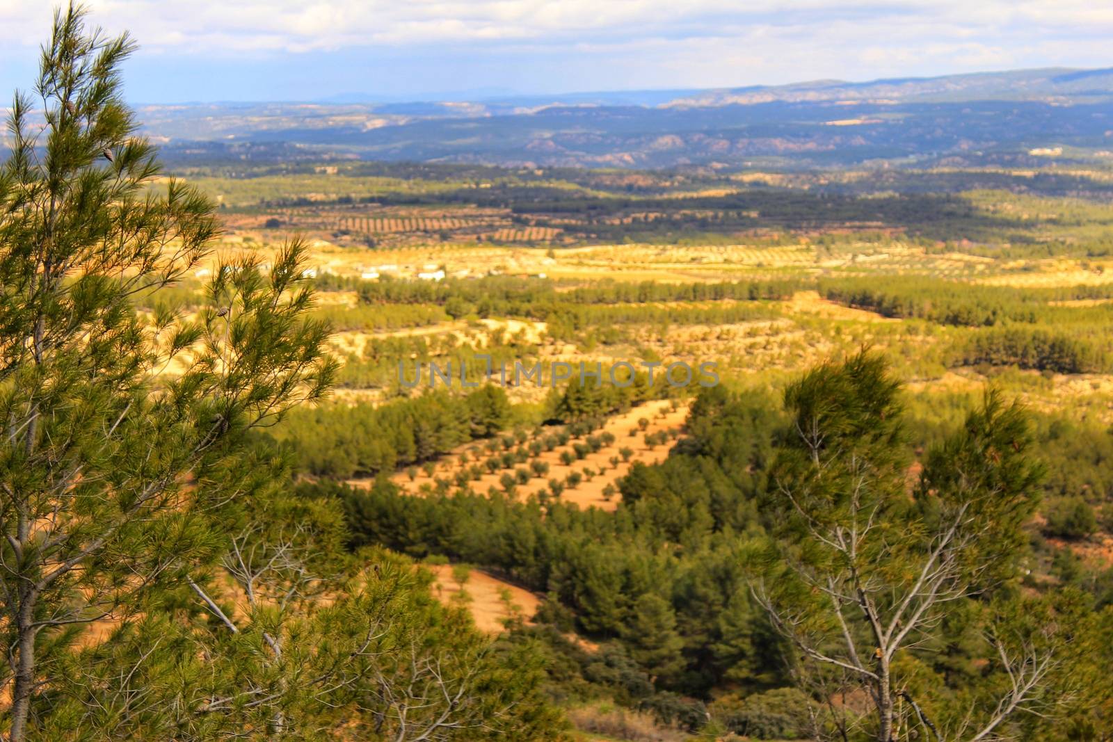 Landscape of the sierra of Utiel Requena in Valencia, Spain under cloudy sky in spring