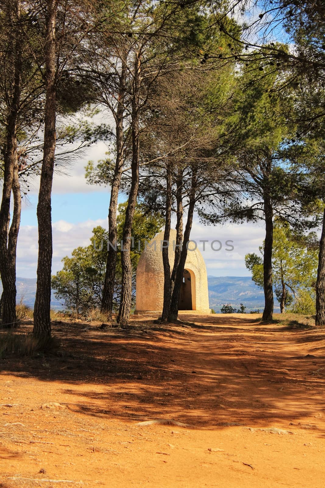 Tower between pine forest in the Utiel mountains in spring