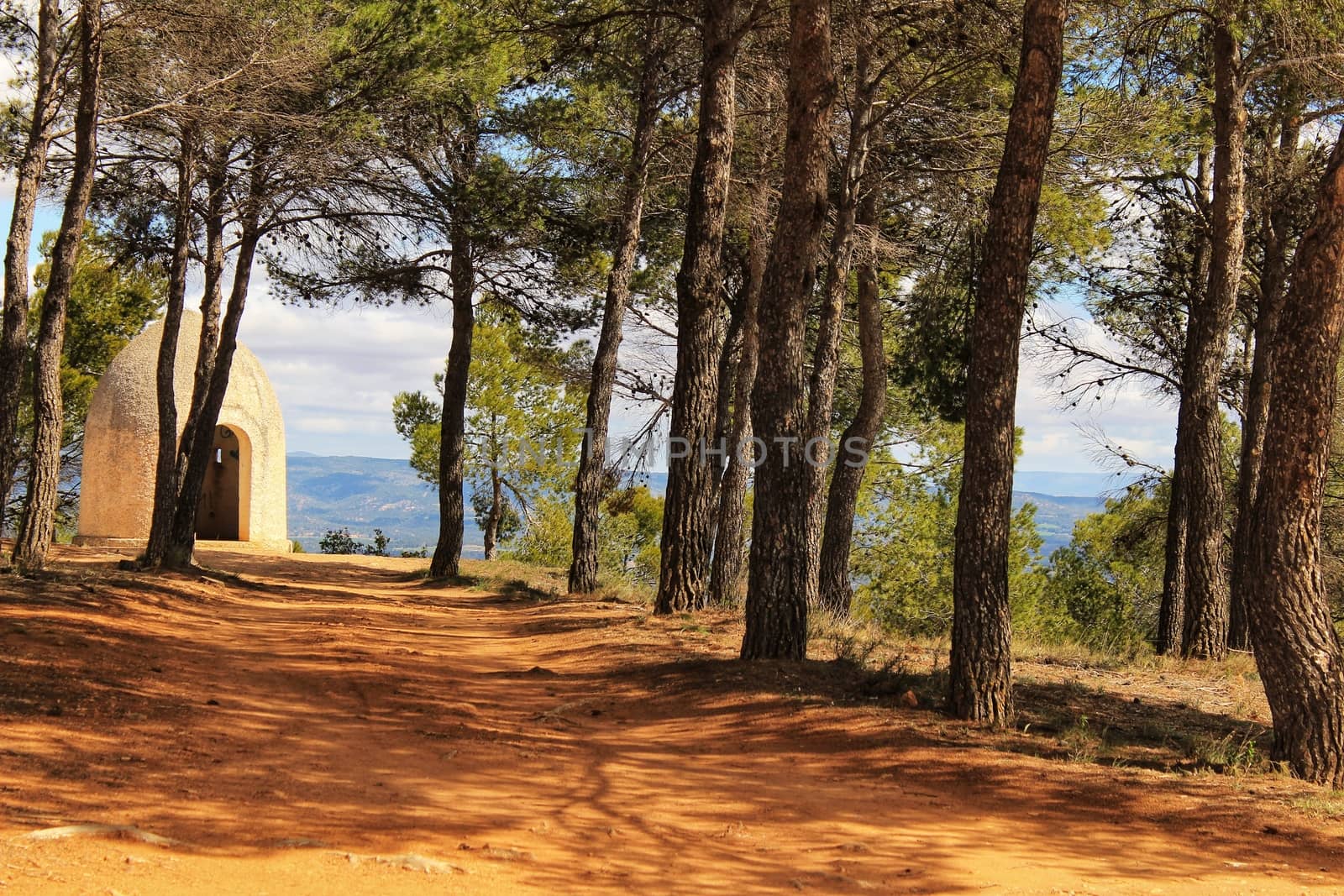 Tower between pine forest in the Utiel mountains in spring