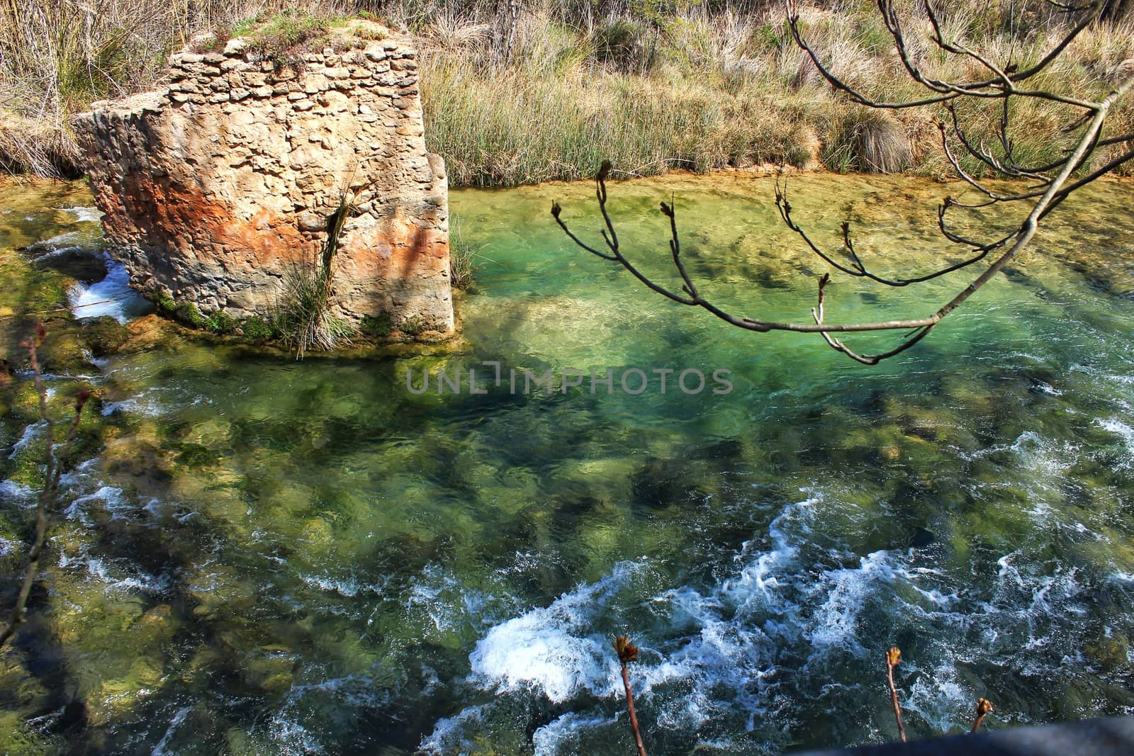 Cabriel River with crystal clear waters and surrounded by green vegetation in the mountains of Albacete, Spain